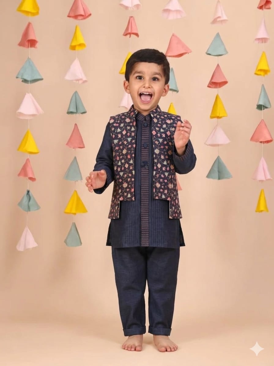 BLACK THREAD EMBROIDERED NEHRU JACKET SET for 2 Years Old