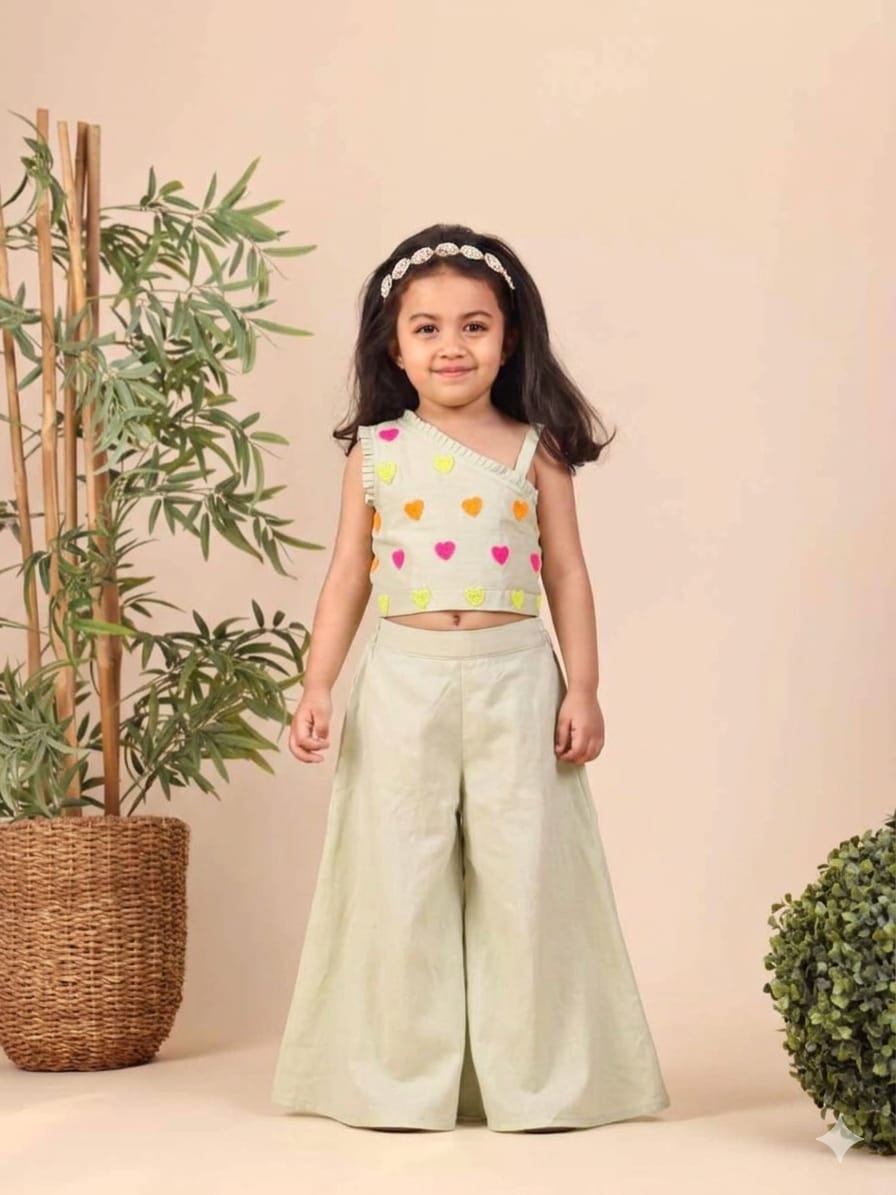MULTICOLOUR HEART EMBROIDERED PISTA GREEN ONE SHOULDER TOP & FLARE PANT for 2 Years Old