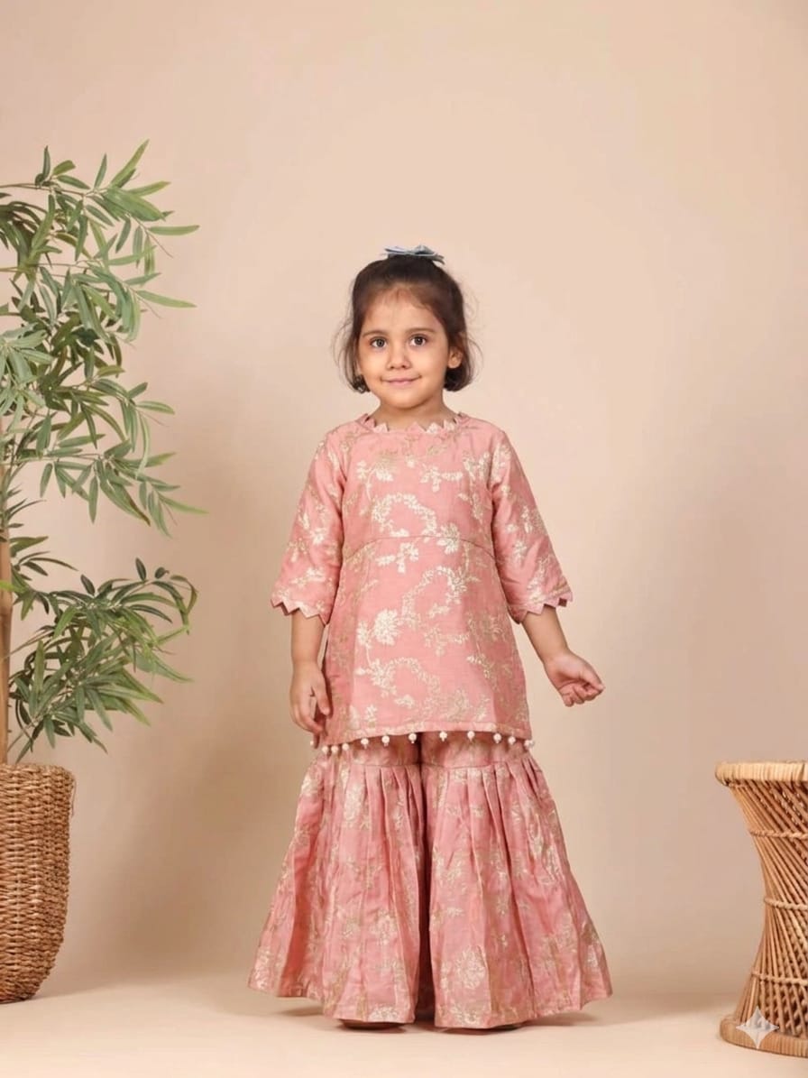 DUST PINK BROCADE KURTA SHARARA for 2,4,6 and 8 Years Old