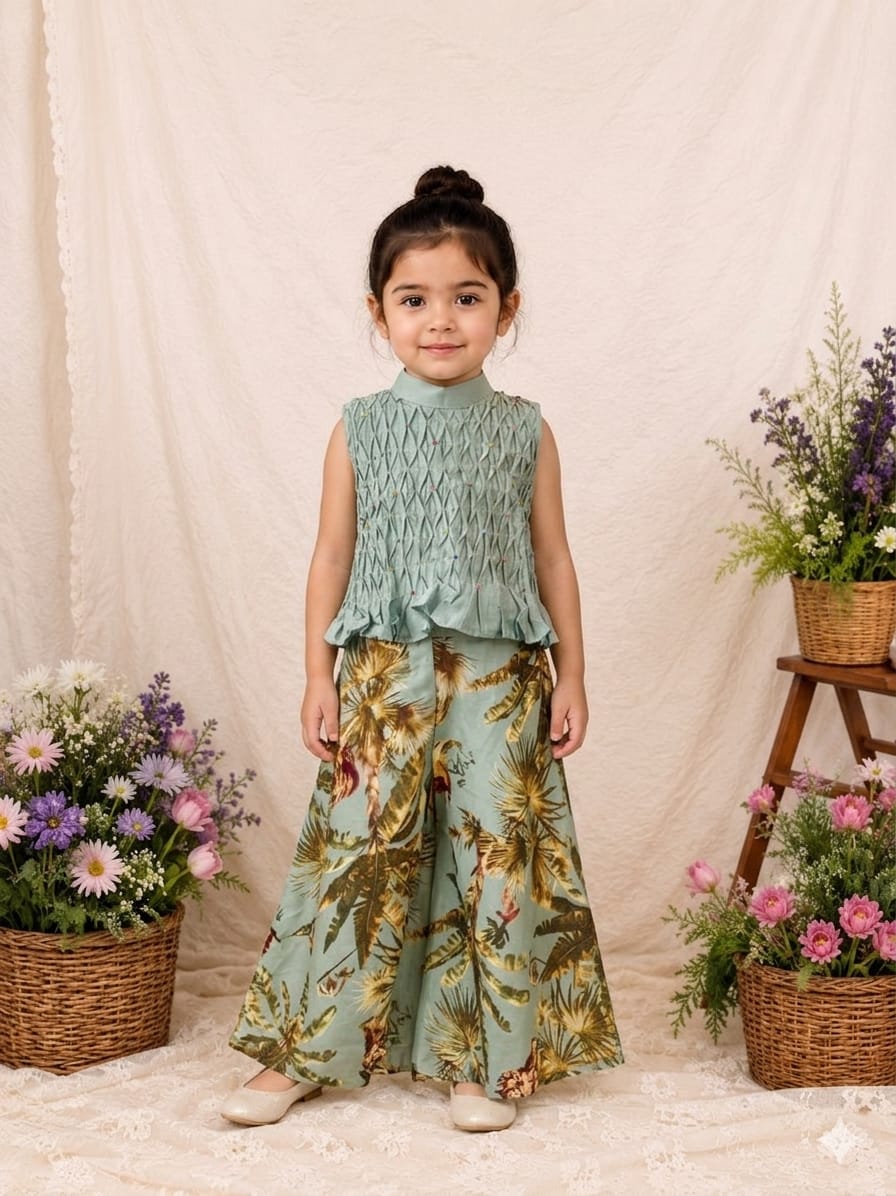 MINT SMOCK TOP WITH MINT TIGER PRINTED FLARE PANT for 6 months,1,5 and 7 Years Old