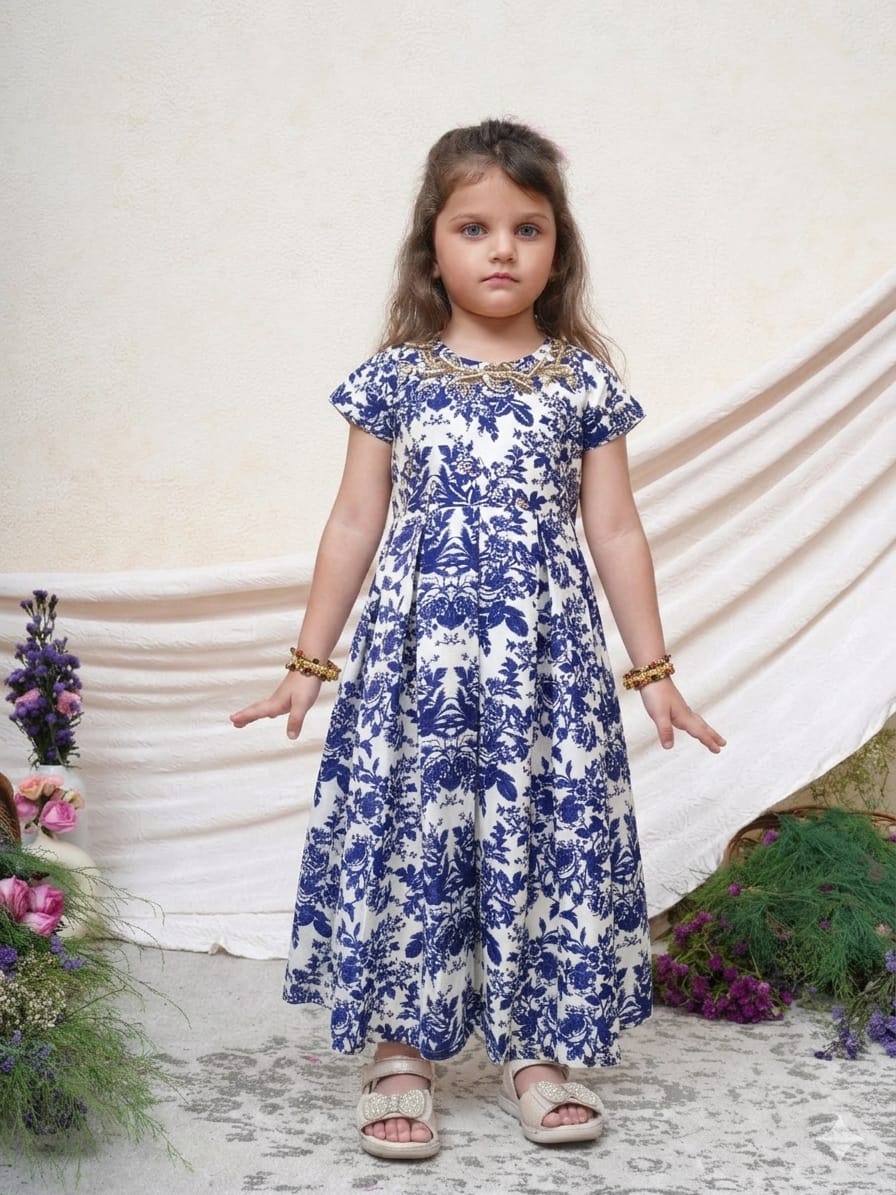 ZARI EMBROIDERED BLUE ROSE PRINTED JUMPSUIT for 2 Years Old