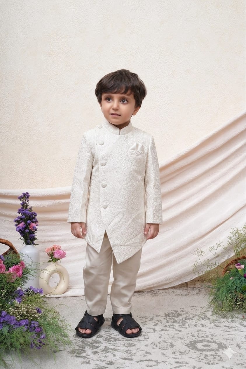 OFF WHITE THREAD EMBROIDERED ASSYMETRICAL SHERWANI for 2 Years Old