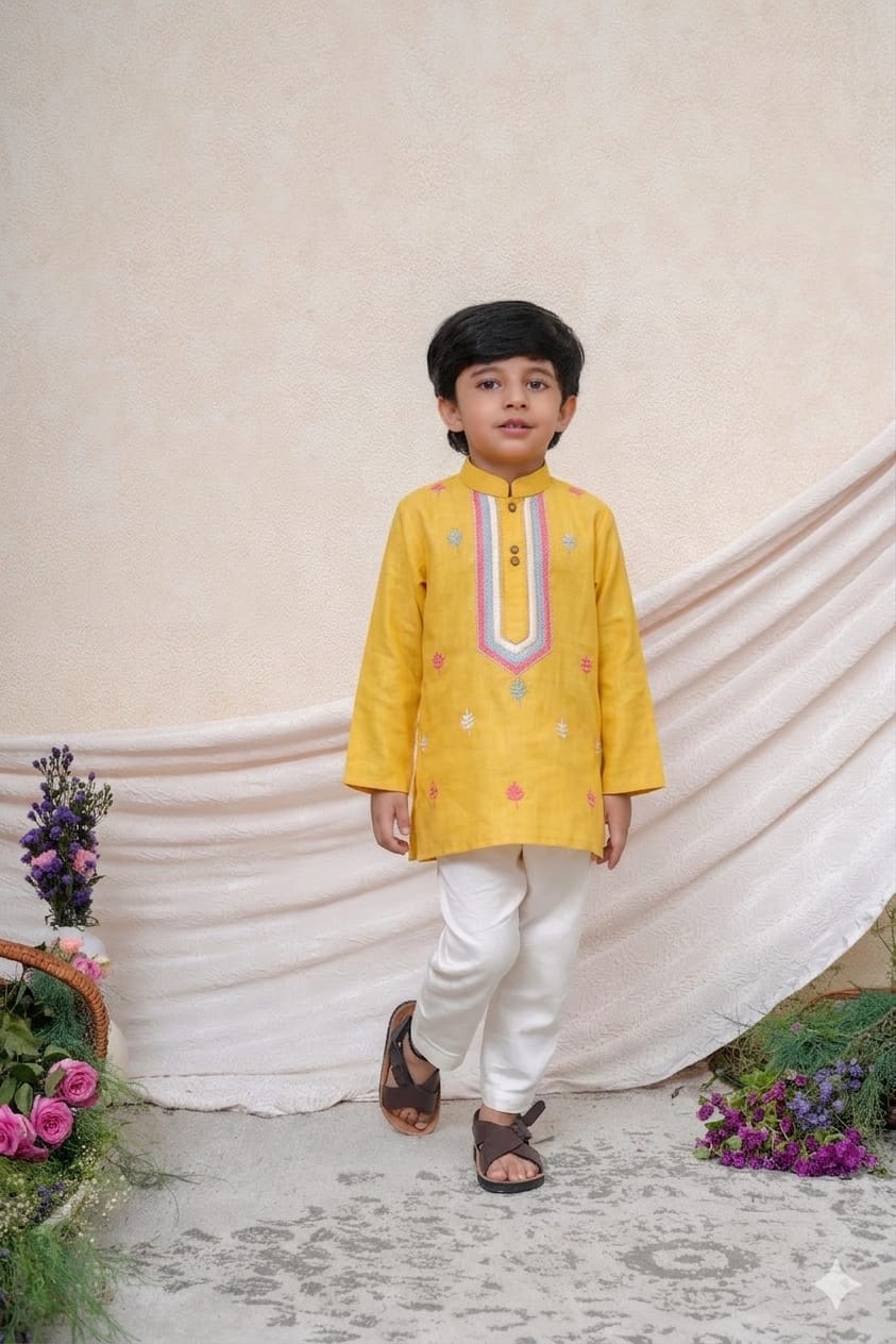 YELLOW THREAD EMBROIDERED KURTA AND PANT for 2 Years Old