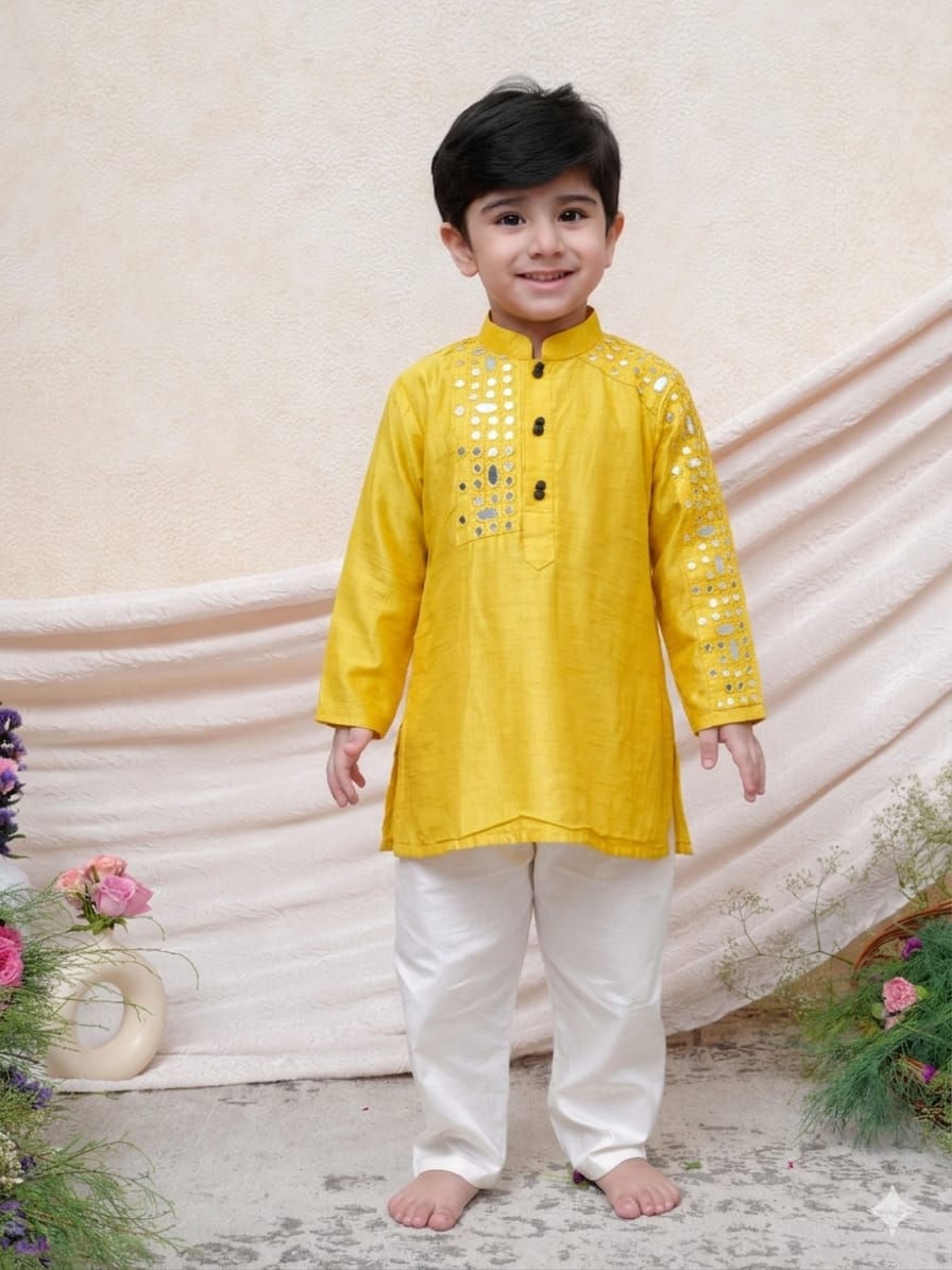 YELLOW MIRROR WORK KURTA AND PANT for 2 Years Old