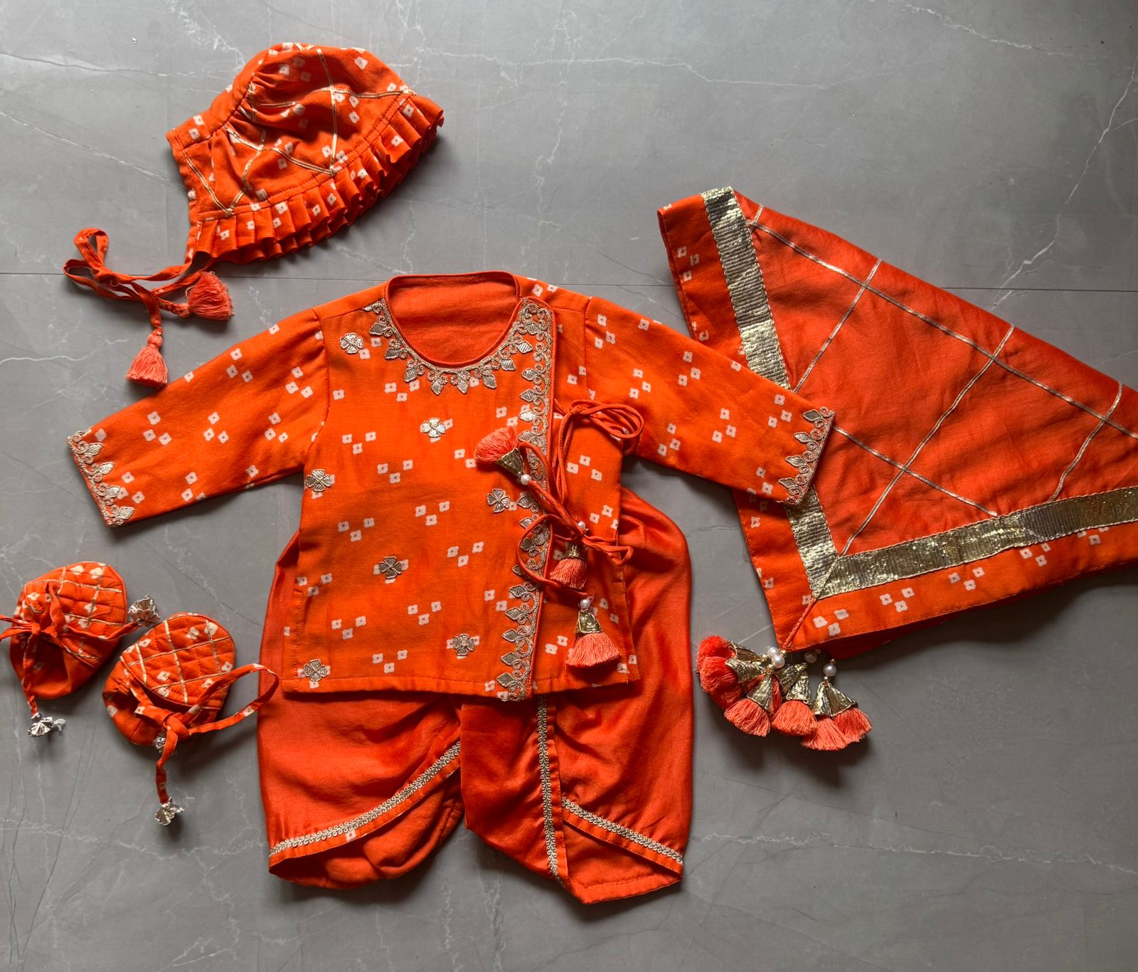 Infant Jamna Orange Bandhej Dhoti Kurta Set