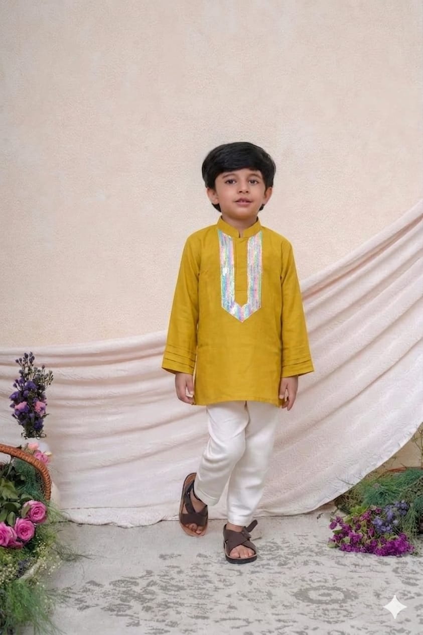 LIME GREEN SEQUINCE EMBROIDERED KURTA for 2 Years Old