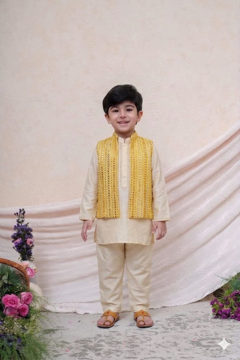 YELLOW MIRROR JACKET WITH KURTA & PANT for 2 Years Old