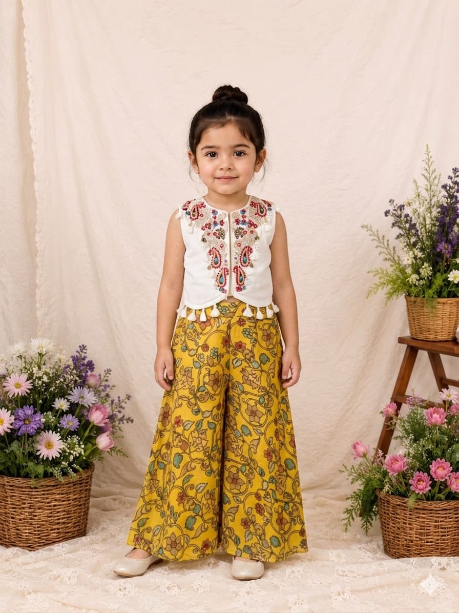Off White Embroidered Top and Silk Tissue Flare Pant