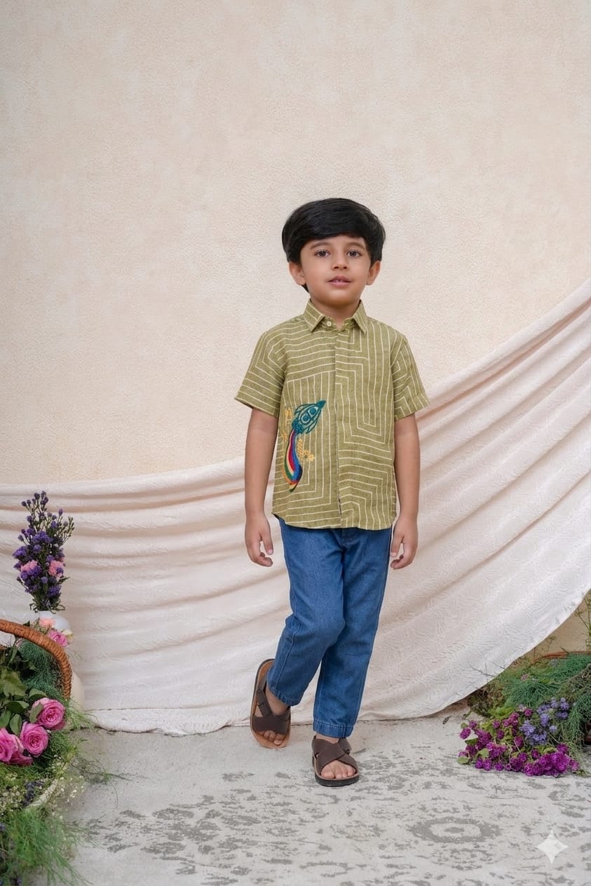 GREEN LINEN ROCKET SHIRT for 6 months,2 and 4 Years Old
