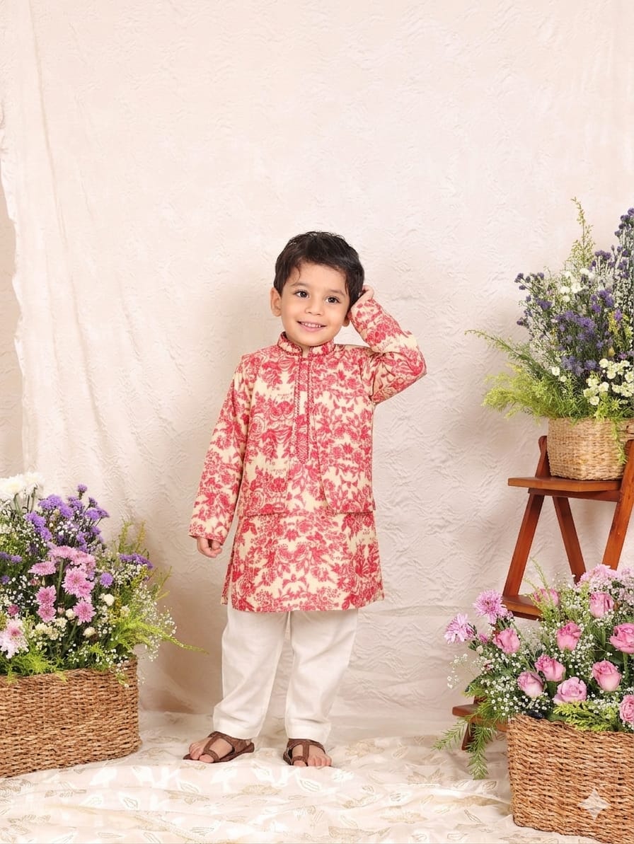 PINK ROSE PRINTED JACKET KURTA & PANT for 6 months,3,5 and 7 Years Old