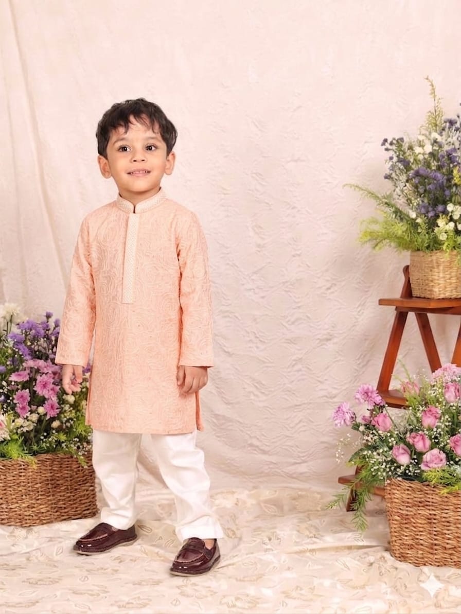 PEACH ROSE EMBROIDERED KURTA & PANT for 6 months,3,5 and 7 Years Old