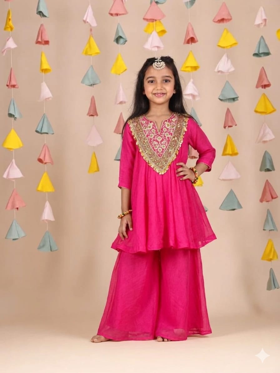 Pink Sequin Embellished Top With Flared Palazzo
