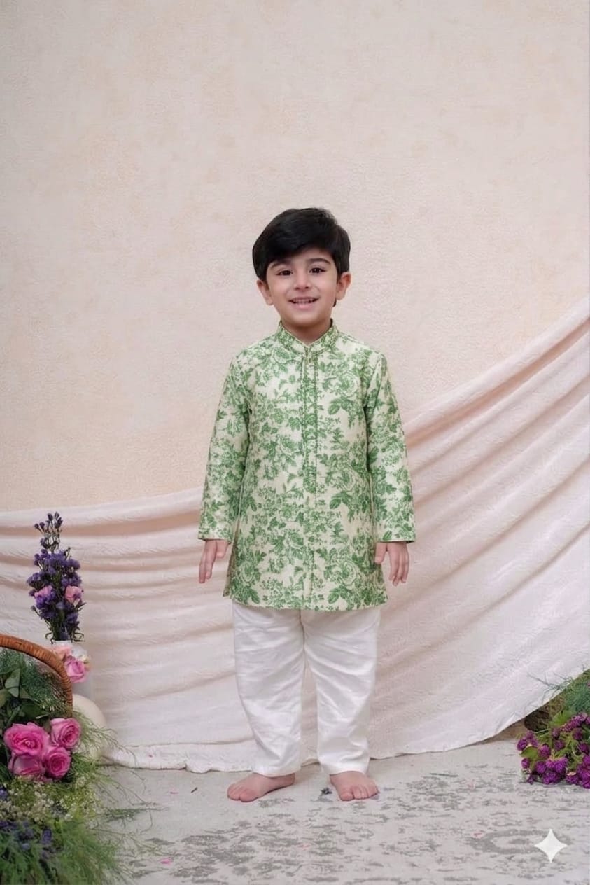 Green Rose Printed Jacket Kurta and Pants for 6 Months Old