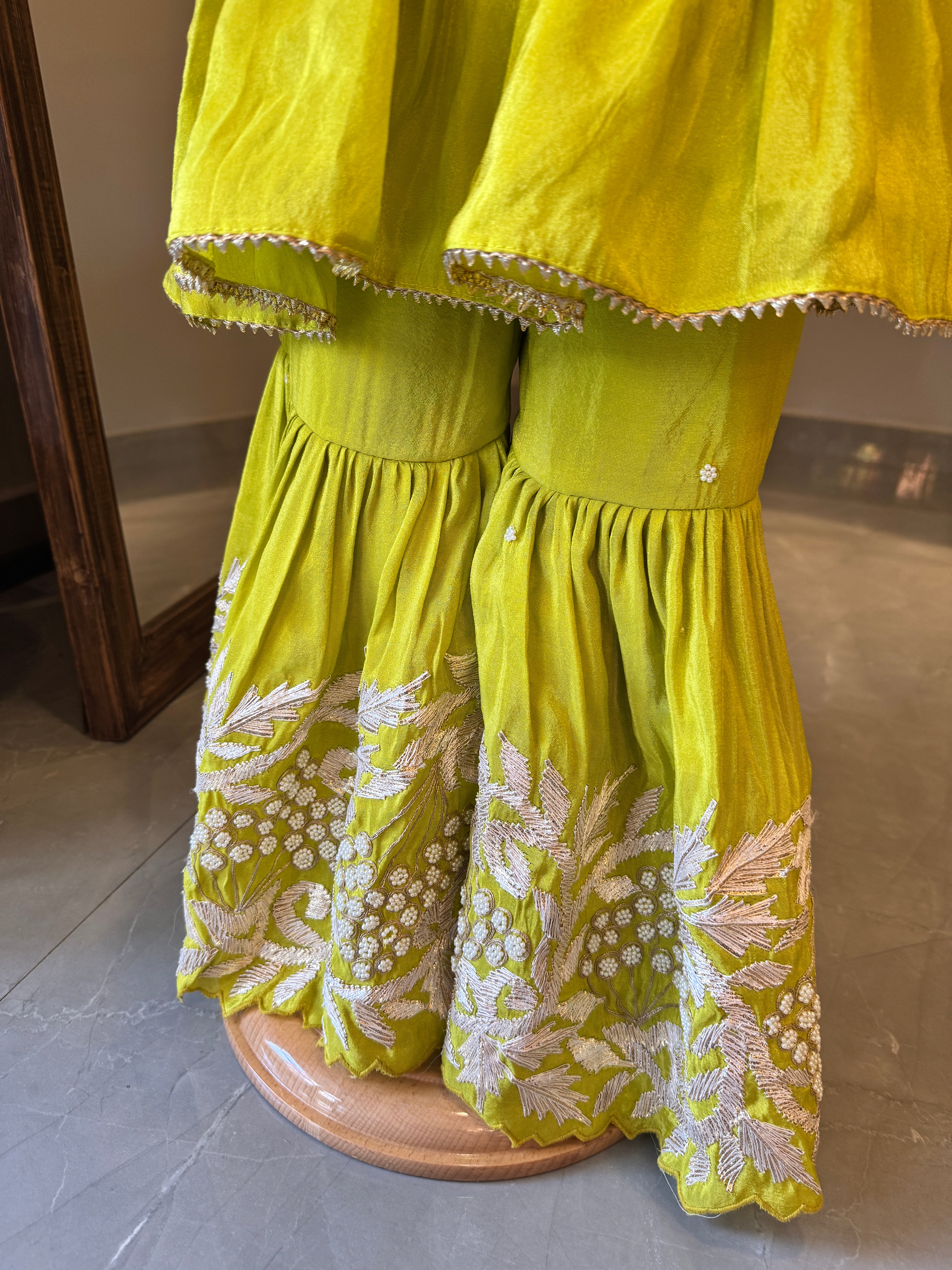 Lime green Moti gota peplum kurta and Sharara