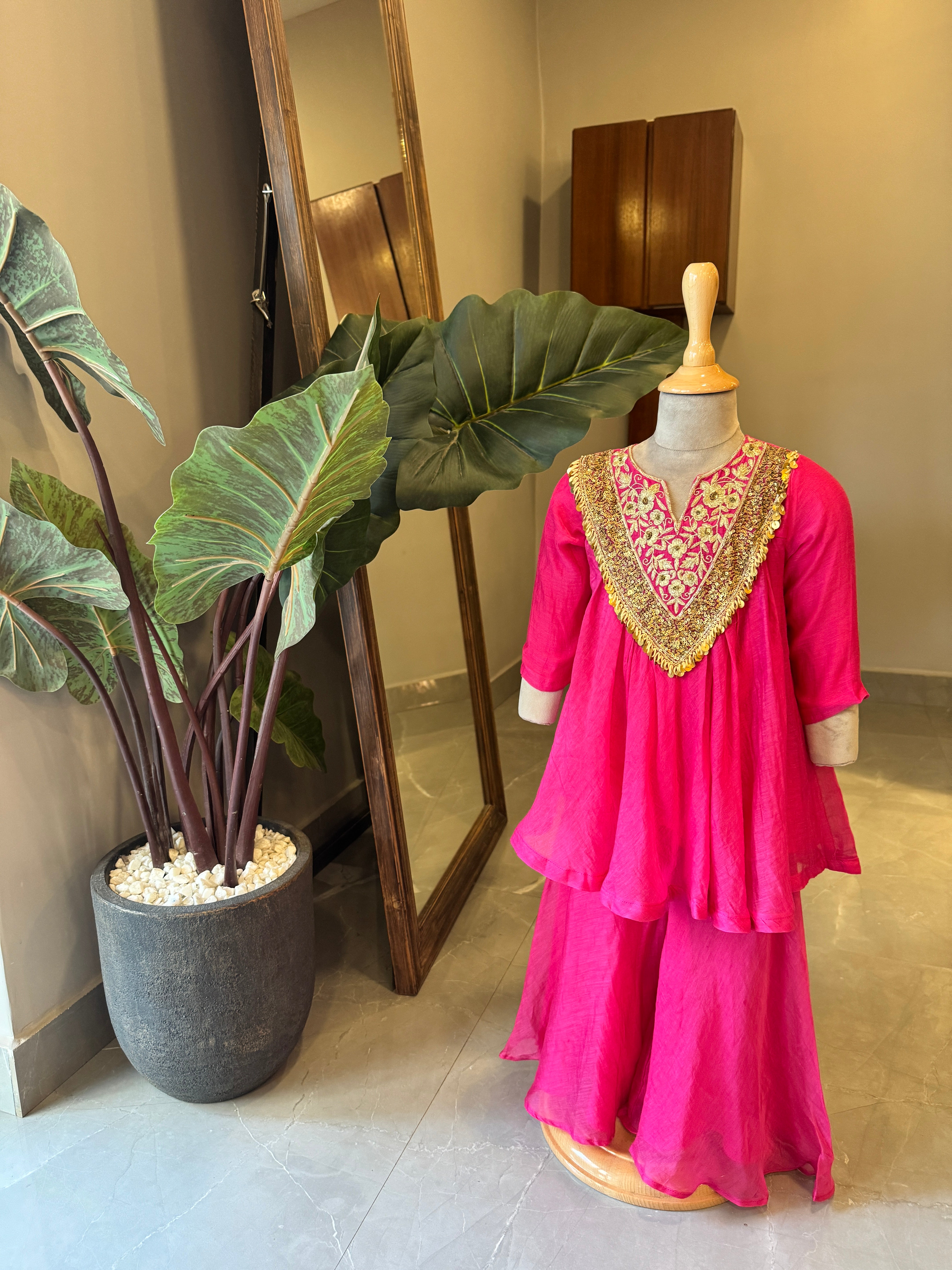 Pink Sequin Embellished Top With Flared Palazzo