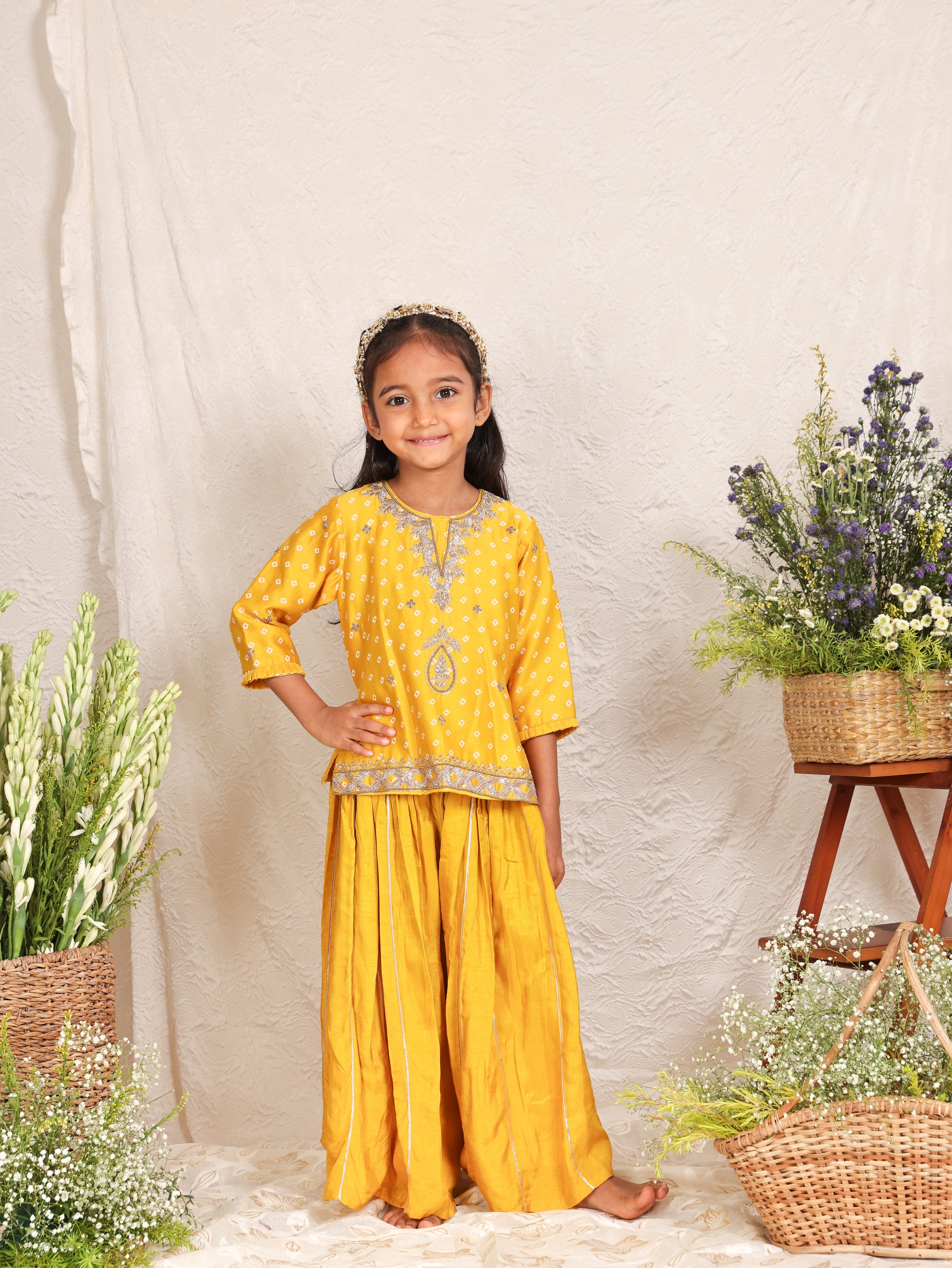 Yellow Zari Embroidered Bandhej Kurta And Gota Line Flare Pant