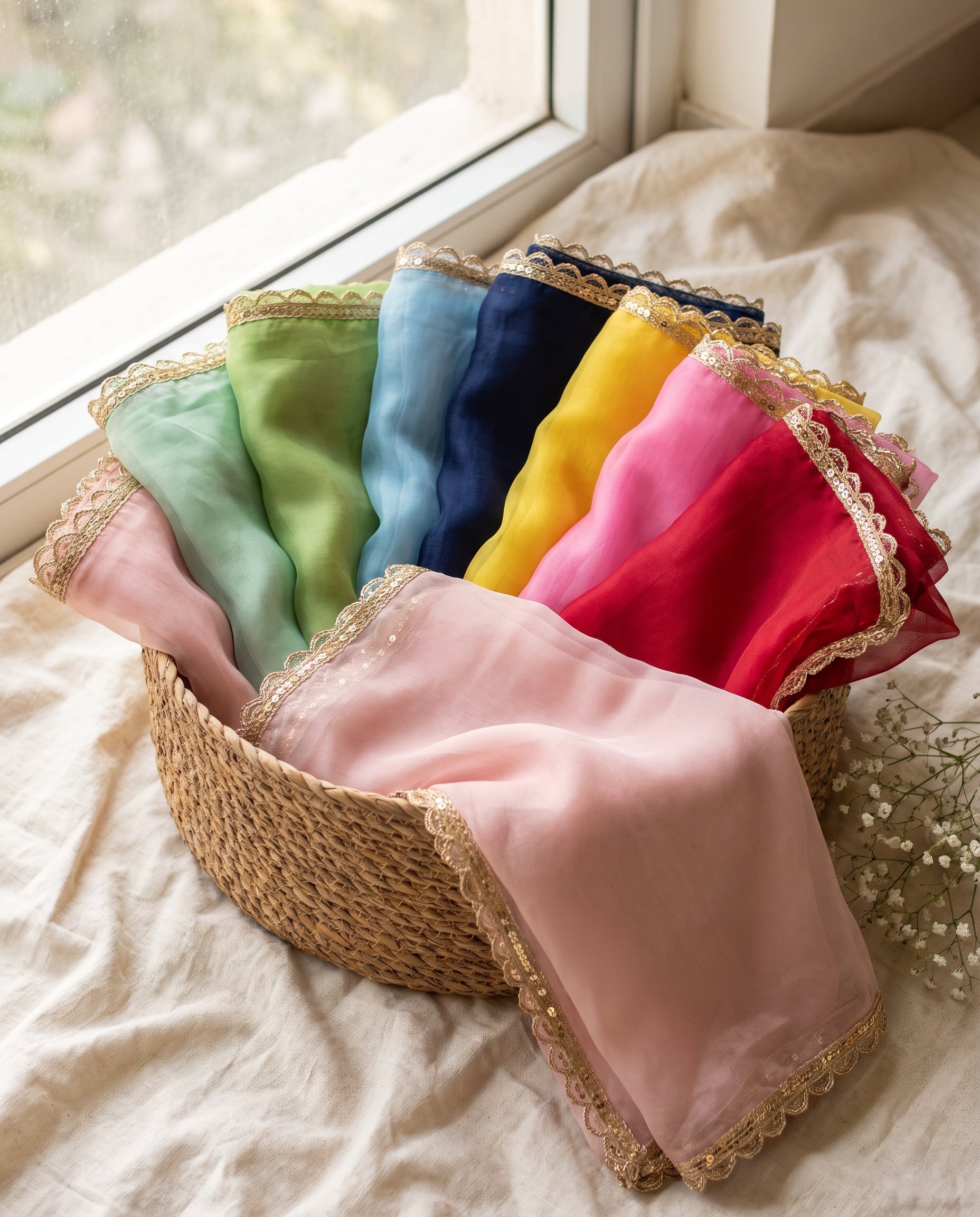 Coordinating dupattas in assorted colours with gold sequin borders