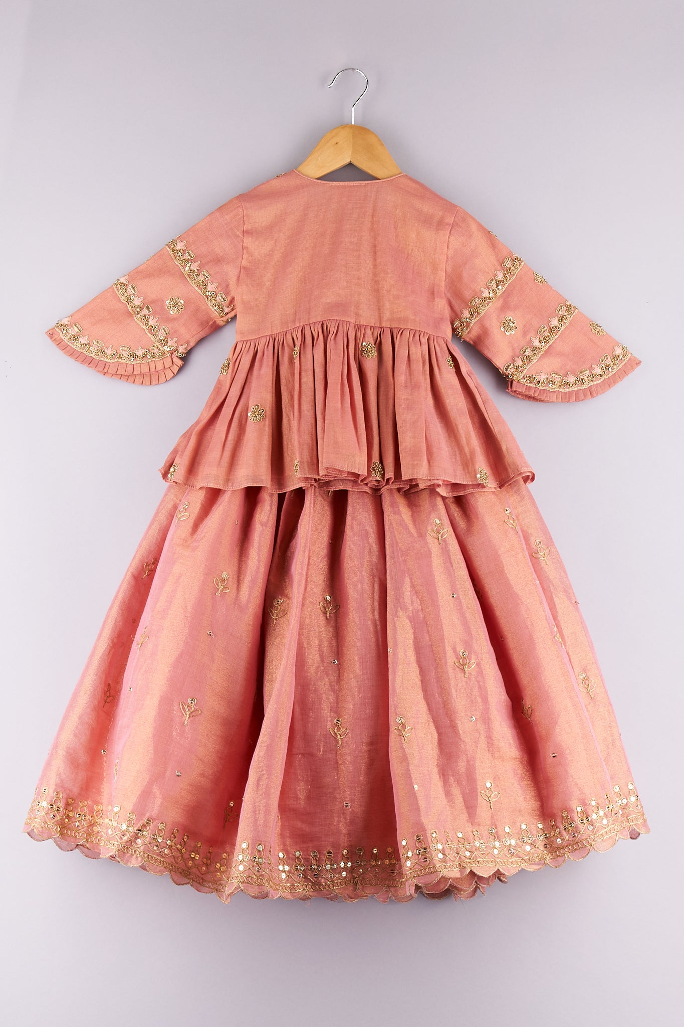 Sequin and zari work peach peplum top with embroidered lehenga. - P&S Company
