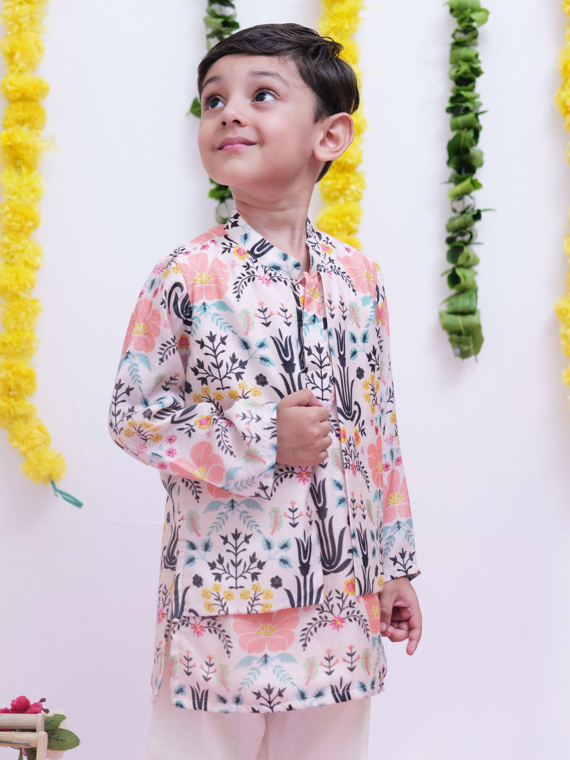 Multi Colour Floral Printed Kurta With Attached Jacket And Pyjama - P&S Company