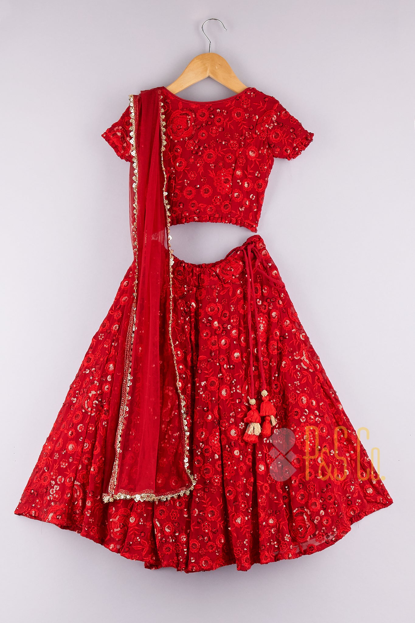 Sequin Floral Embroidered Top And Lehenga With Dupatta - P&S Company
