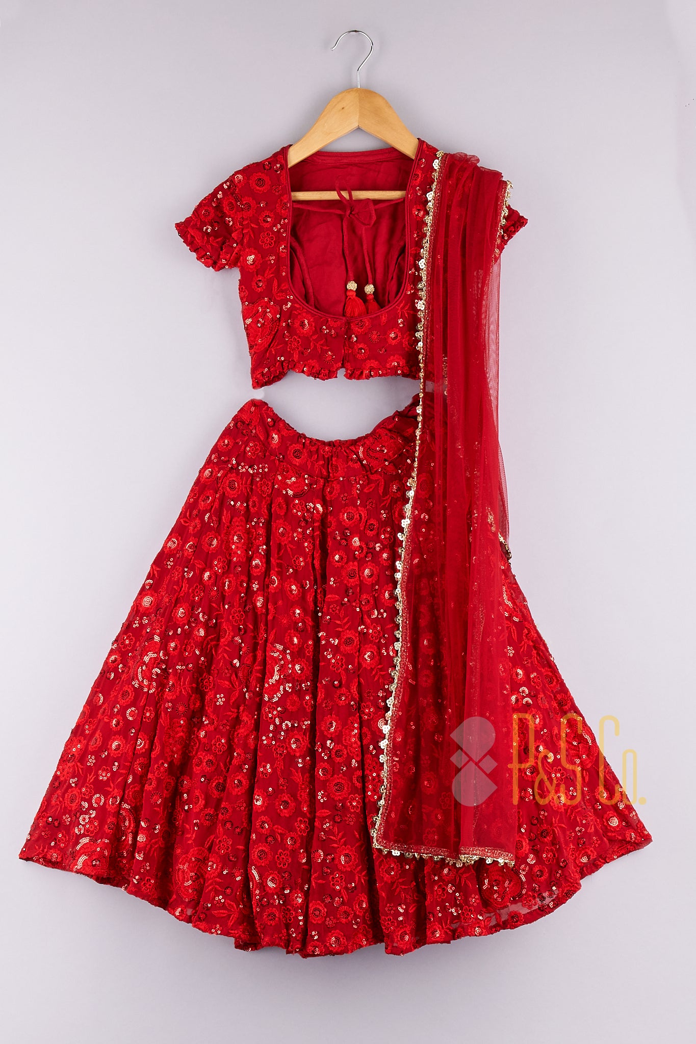 Sequin Floral Embroidered Top And Lehenga With Dupatta - P&S Company