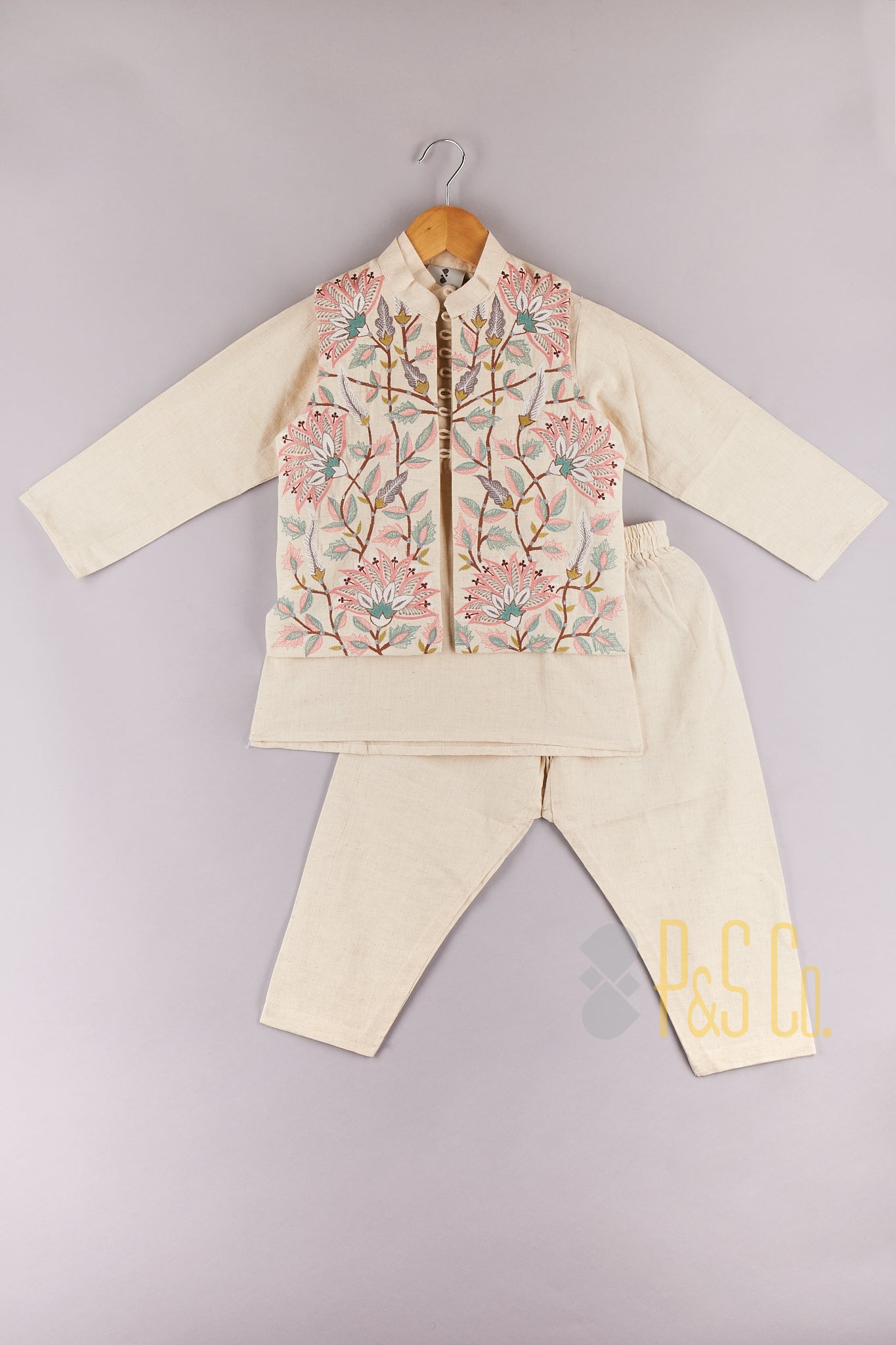 Multi Colour Floral Embroidered Jacket With Cotton Kurta And Pyjama - P&S Company