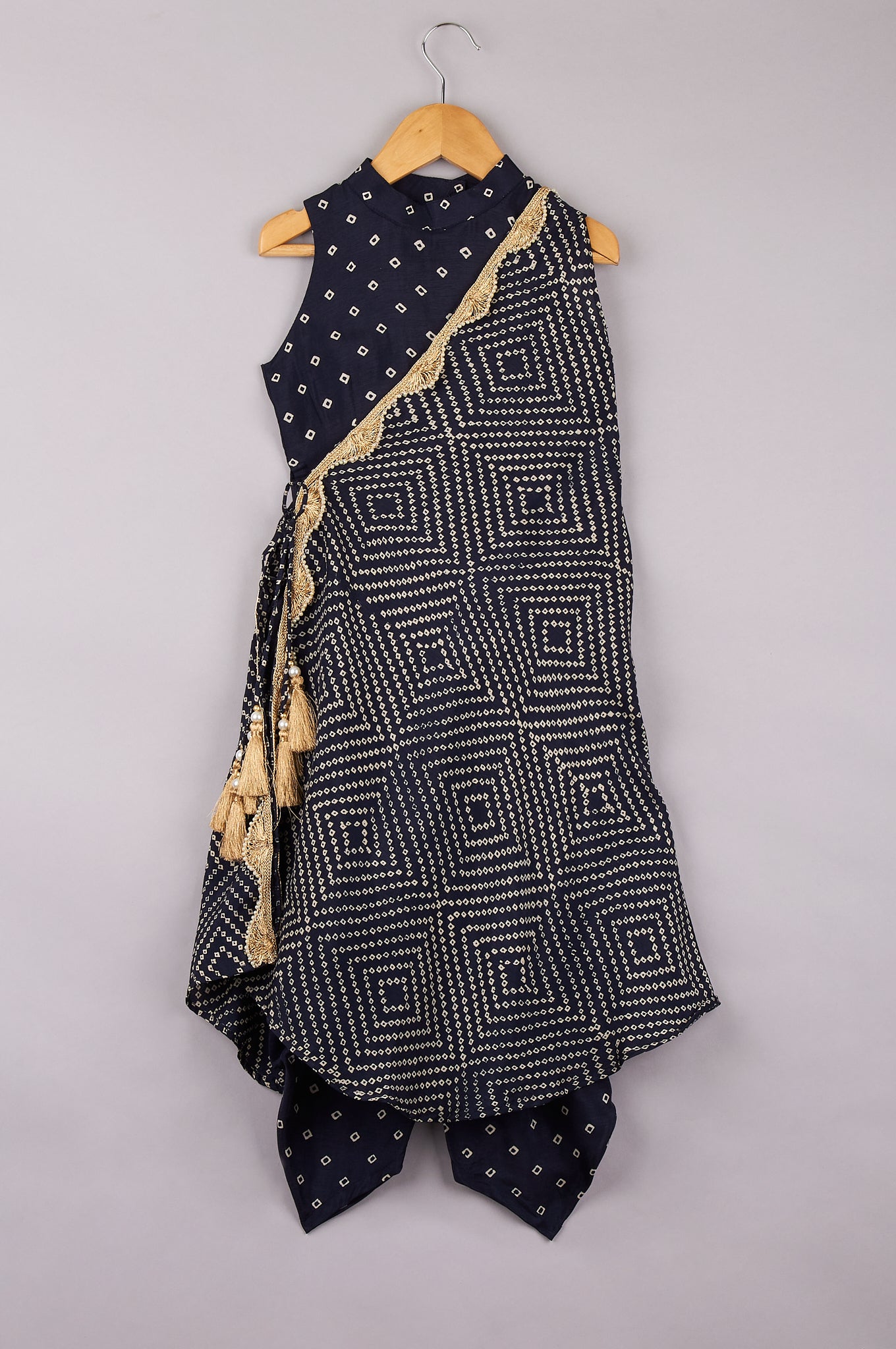 Navy Bandhani Printed Top And Dhoti With Cape Style Jacket - P&S Company