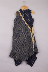 Navy Bandhani Printed Top And Dhoti With Cape Style Jacket - P&S Company