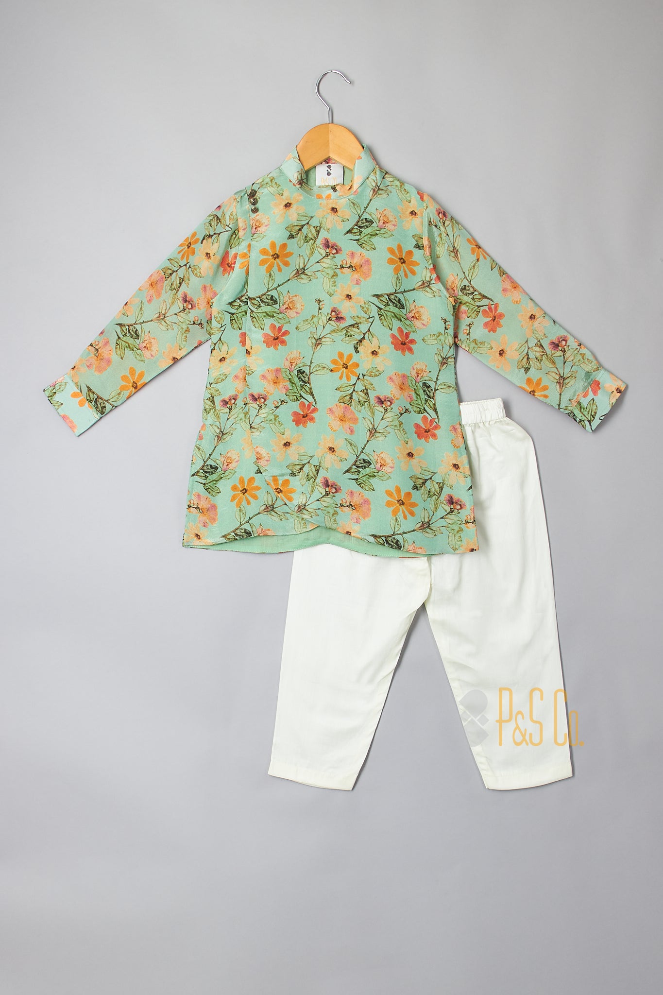 Mint Green Floral Printed Kurta with Pyjama - P&S Company