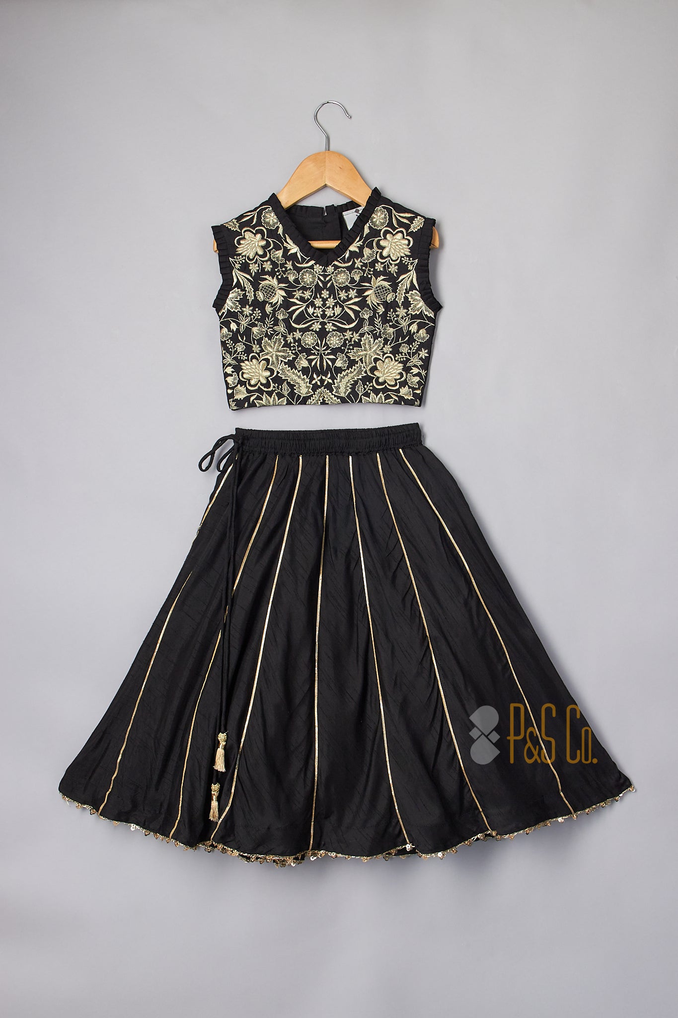 Black Intricate Zari Thread Embroidered Top And Kali Lehenga - P&S Company