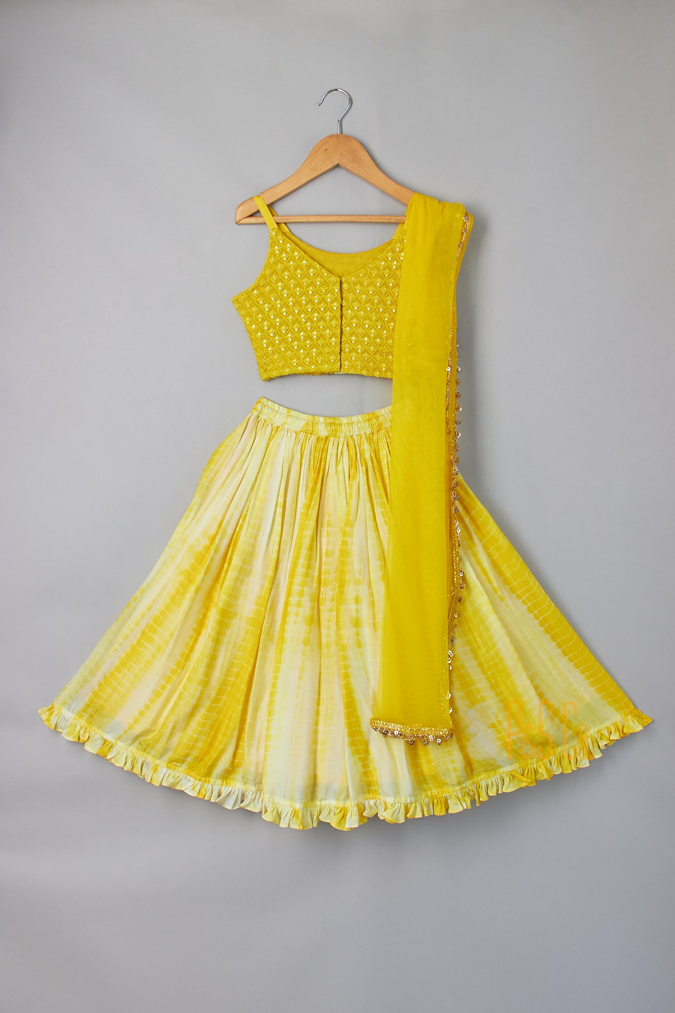 Yellow Thread Embroidered Spaghetti Top With Shibori Lehenga And Dupatta - P&S Company