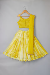 Yellow Thread Embroidered Spaghetti Top With Shibori Lehenga And Dupatta - P&S Company