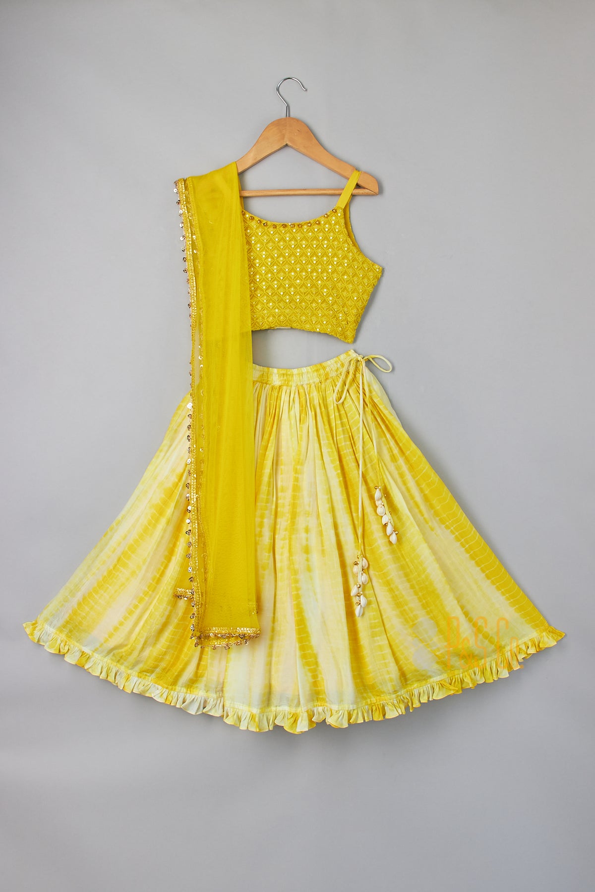 Yellow Thread Embroidered Spaghetti Top With Shibori Lehenga And Dupatta - P&S Company