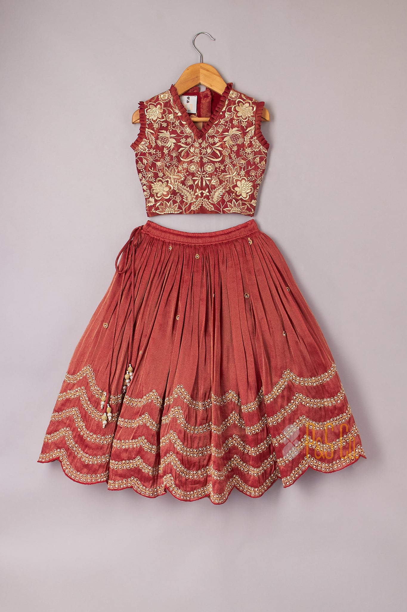 Intricate Zari Thread Embroidered Top And Beaded Scalloped Lehenga - P&S Company