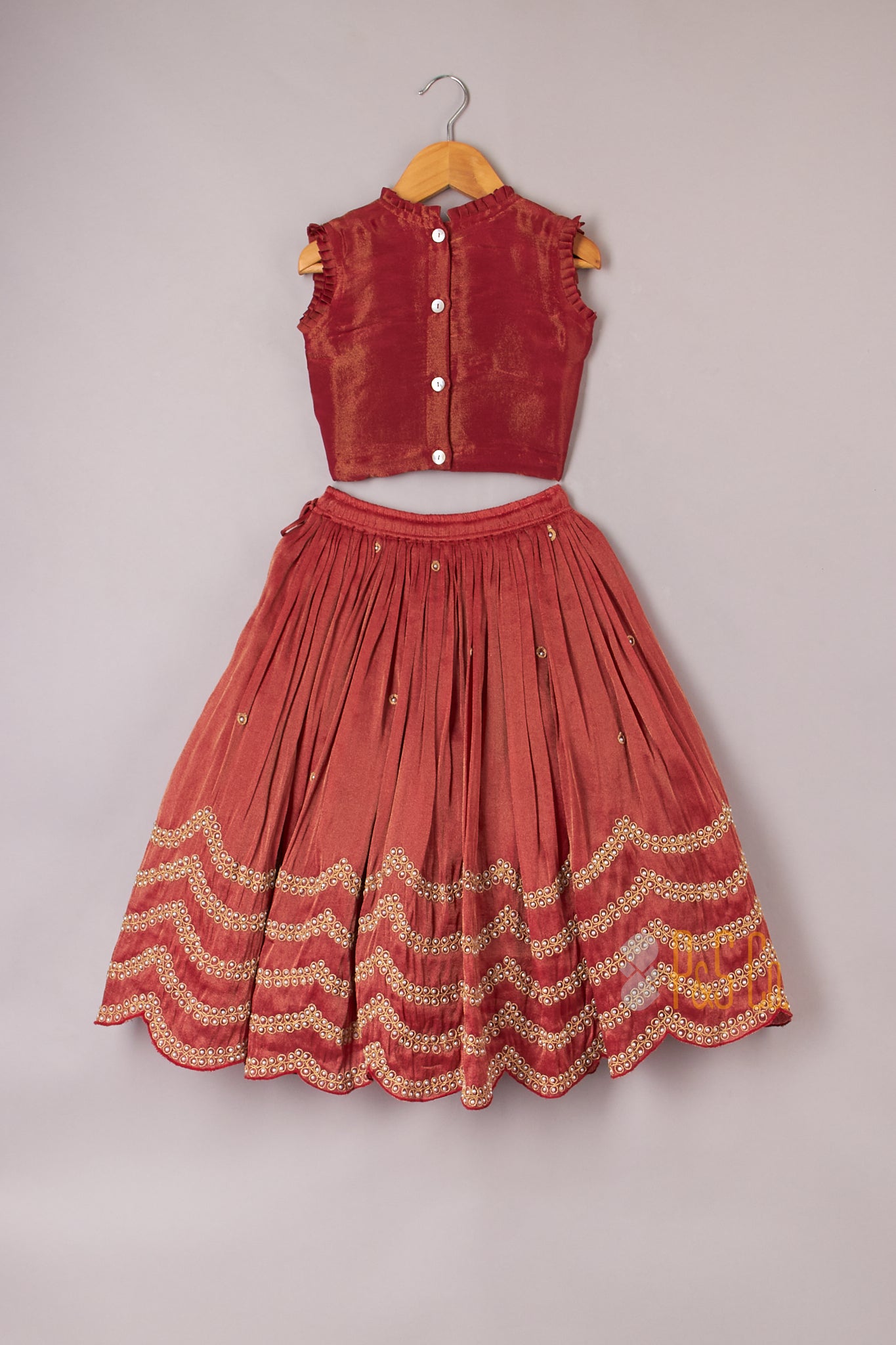 Intricate Zari Thread Embroidered Top And Beaded Scalloped Lehenga - P&S Company