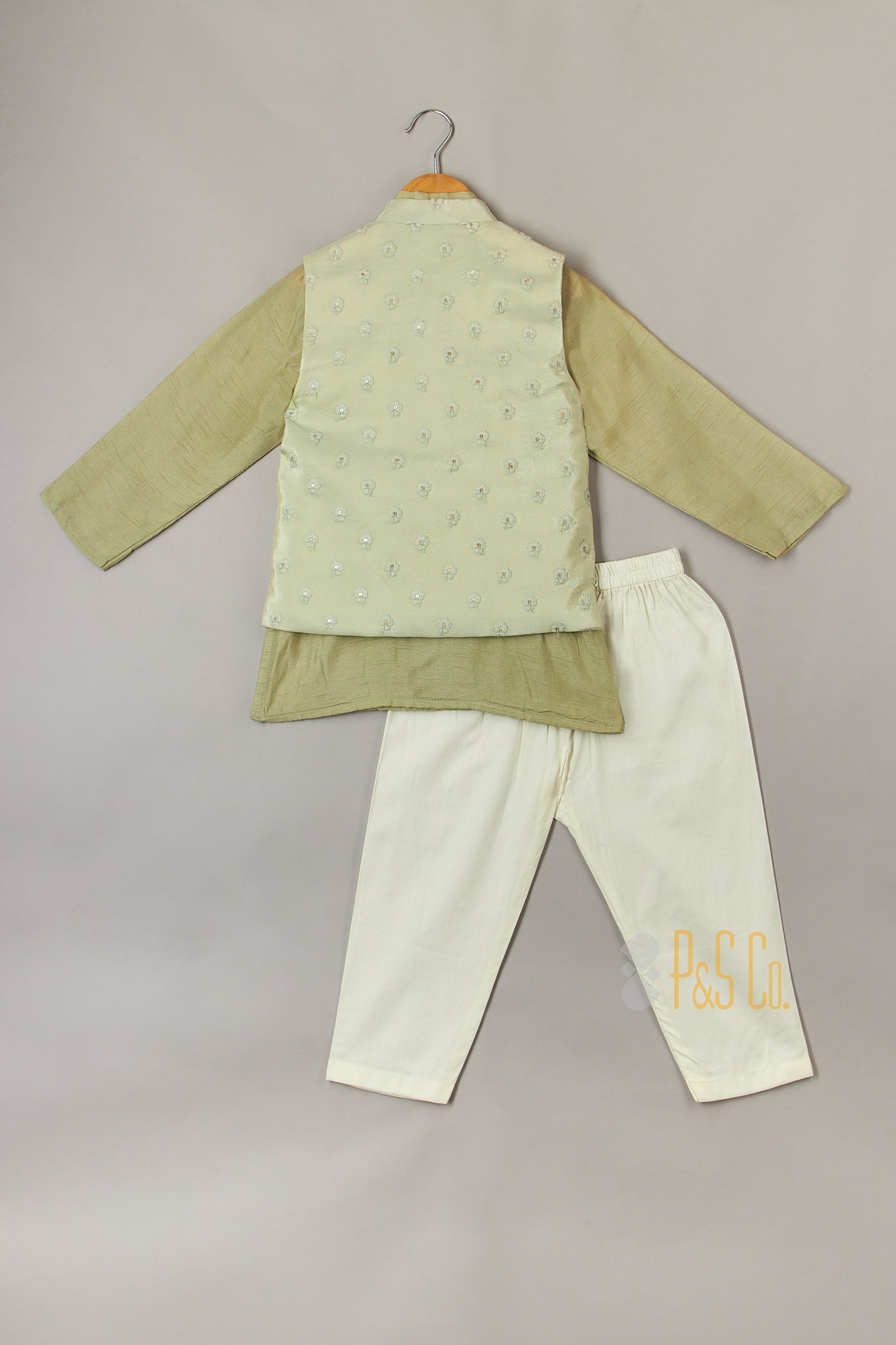 Mint Green Embroidered Nehru Jacket Kurta and Pyjama Set - P&S Company