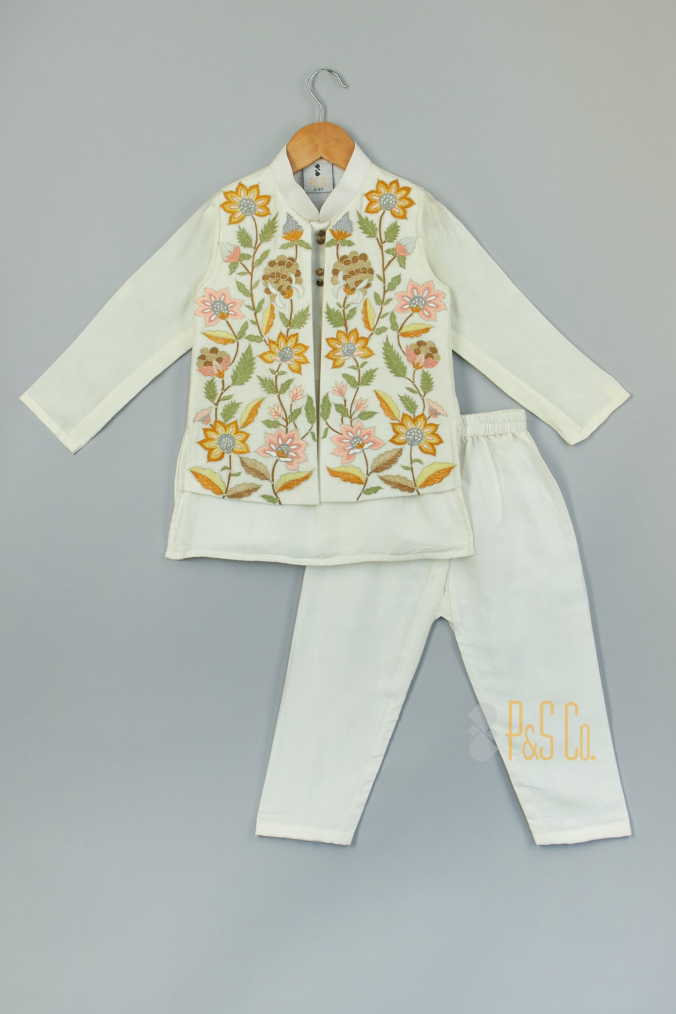 Flowers Embroidered Off White Attached Jacket Kurta And Pyjama - P&S Company