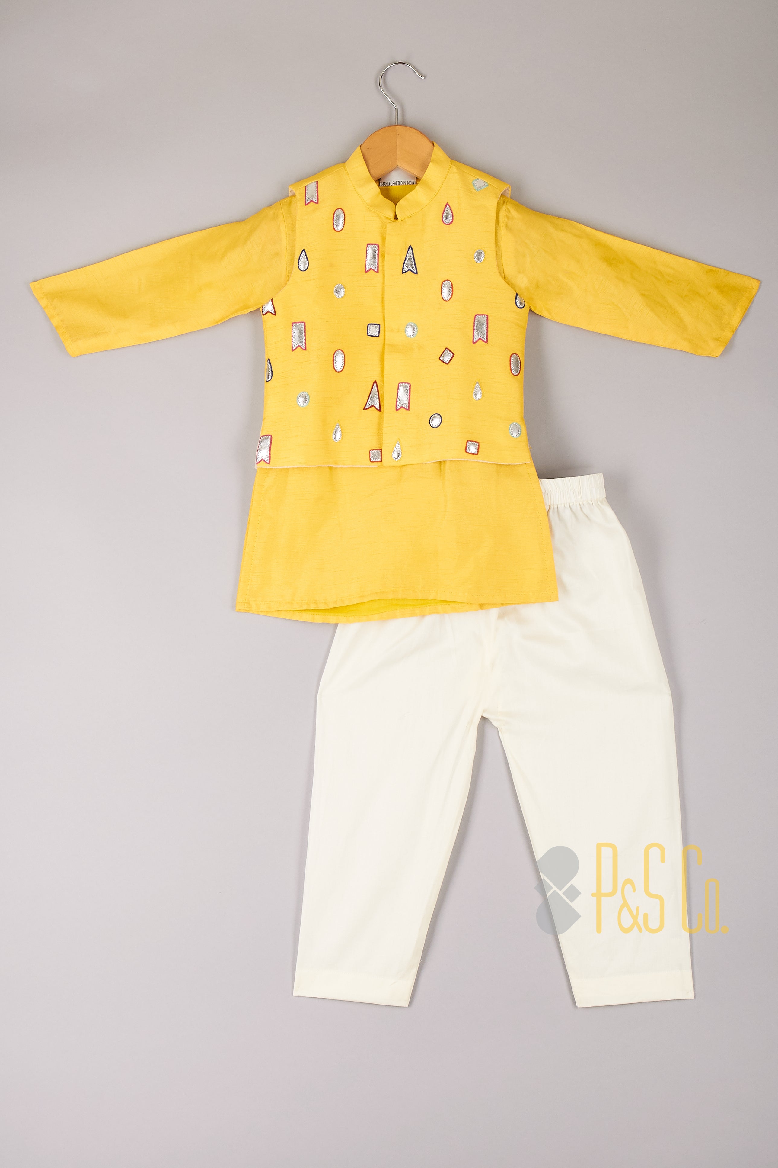  Multi Colour Thread Work Jacket with Yellow Kurta and Pyjama - P&S Company