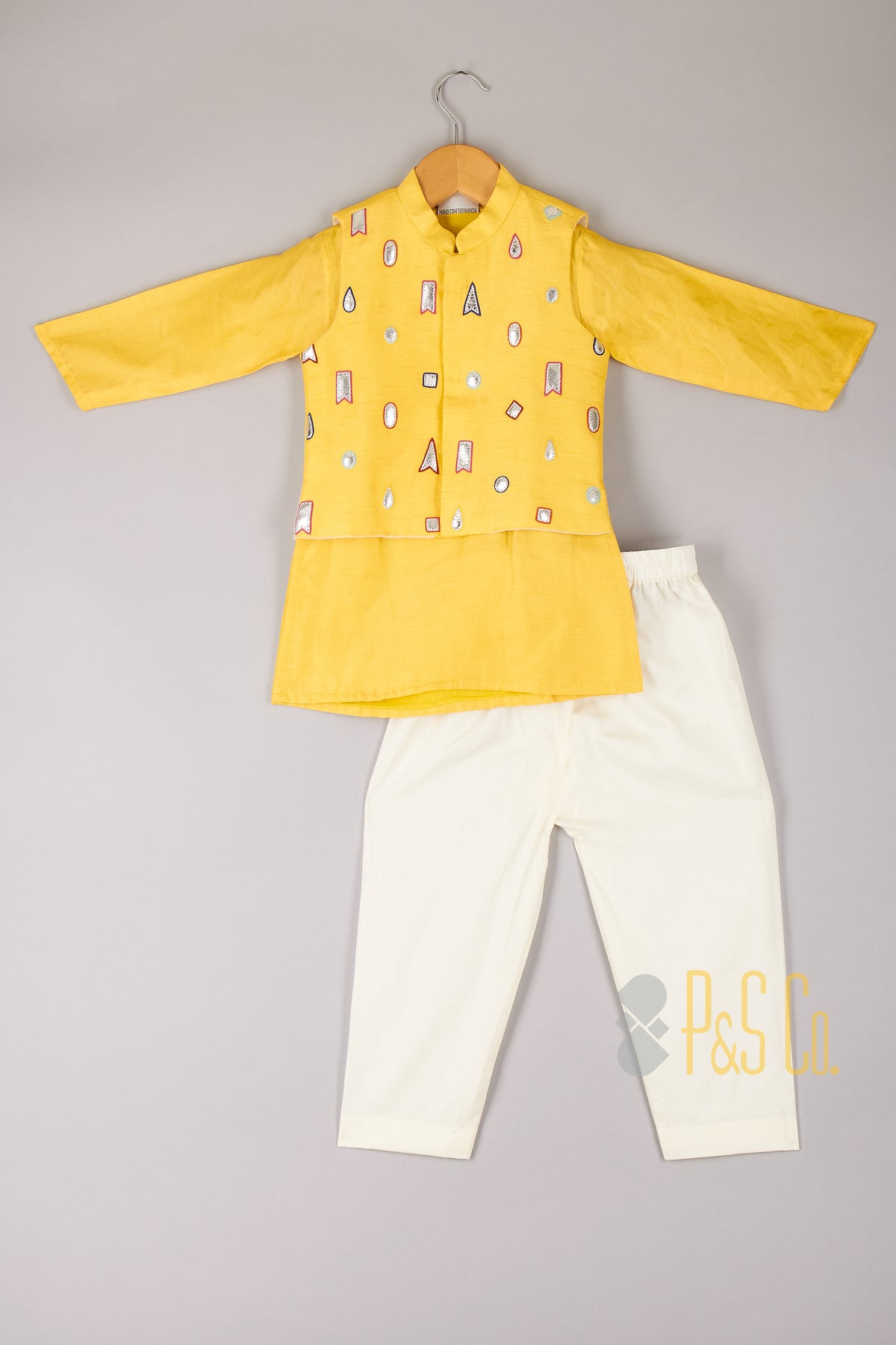  Multi Colour Thread Work Jacket with Yellow Kurta and Pyjama - P&S Company