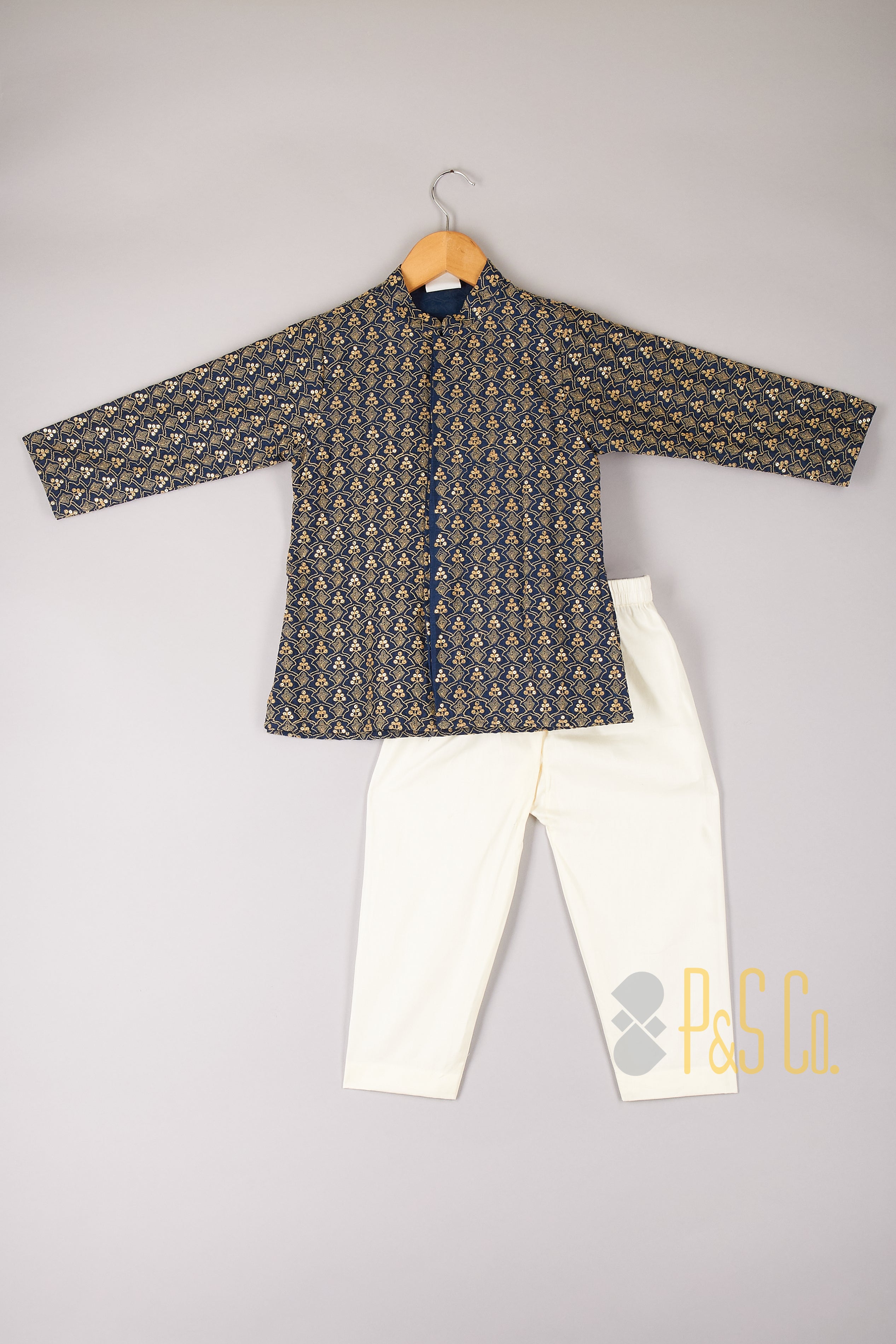 Teal Blue Sequins And Thread Embroidered Kurta With Pyjama - P&S Company