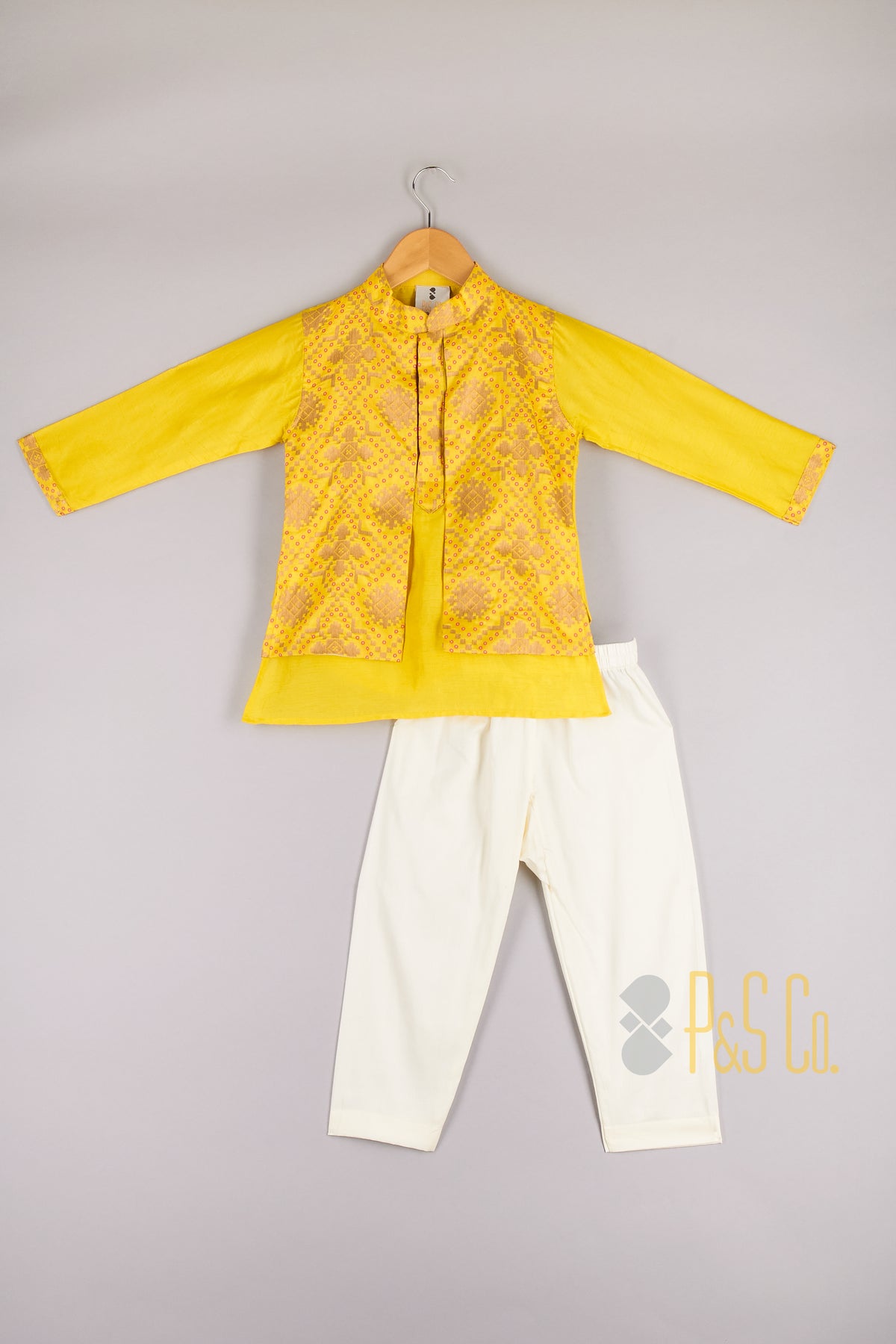 Yellow Kurta With Attached Thread Work Jacket And Pyjama - P&S Company