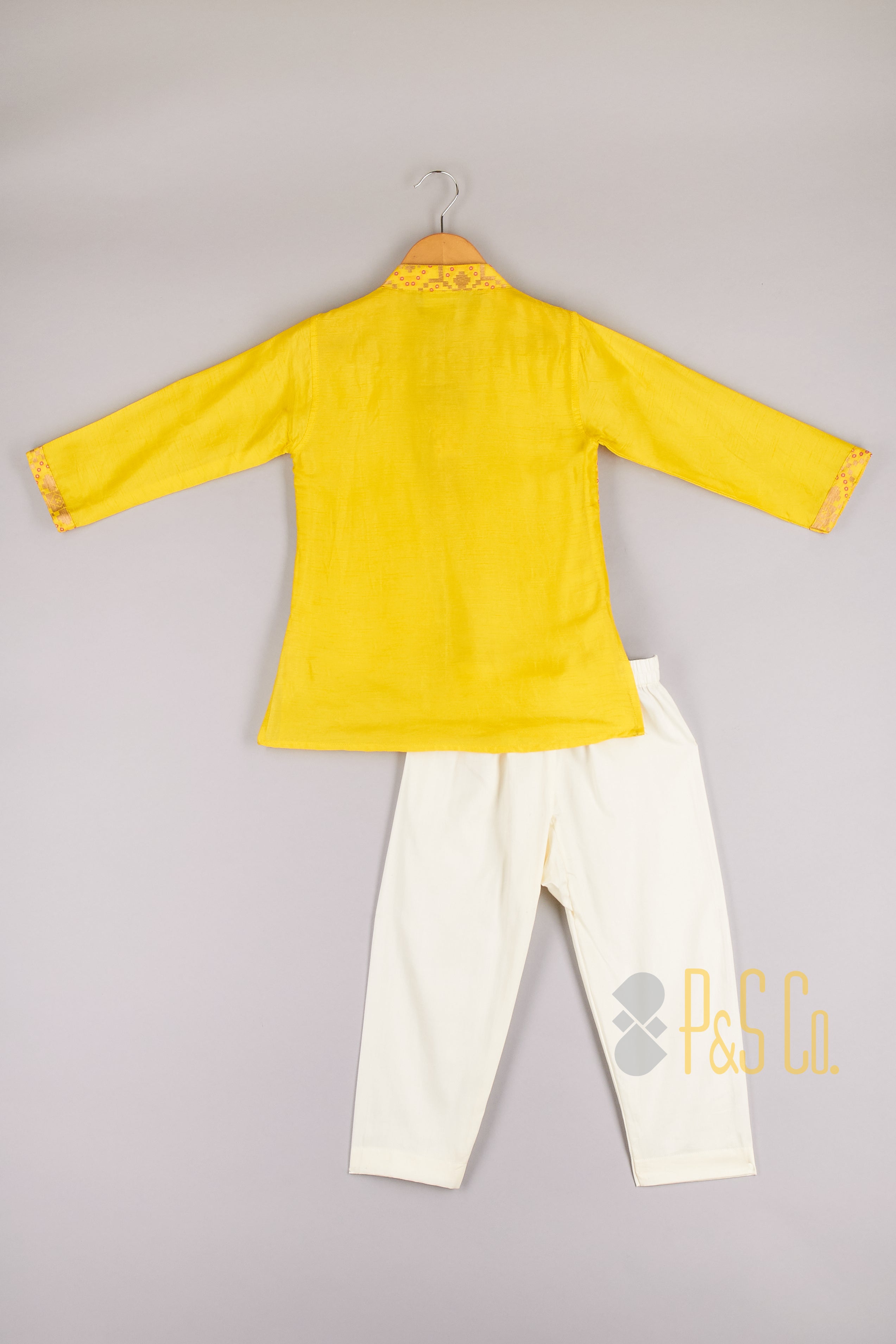 Yellow Kurta With Attached Thread Work Jacket And Pyjama - P&S Company