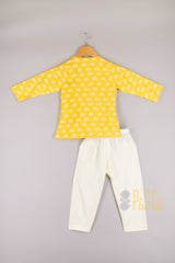 Yellow printed angrakha style kurta with pyjama - P&S Company