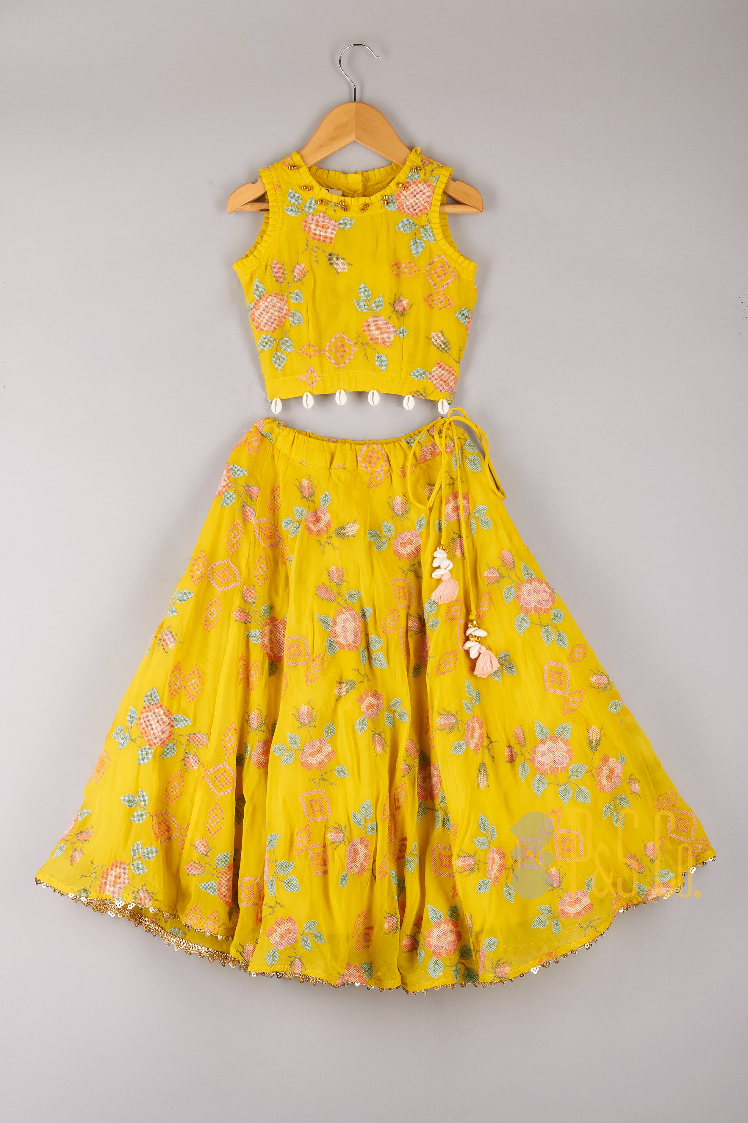 Multi Colour Floral Cross Stitched Embroidery Yellow Top And Lehenga - P&S Company