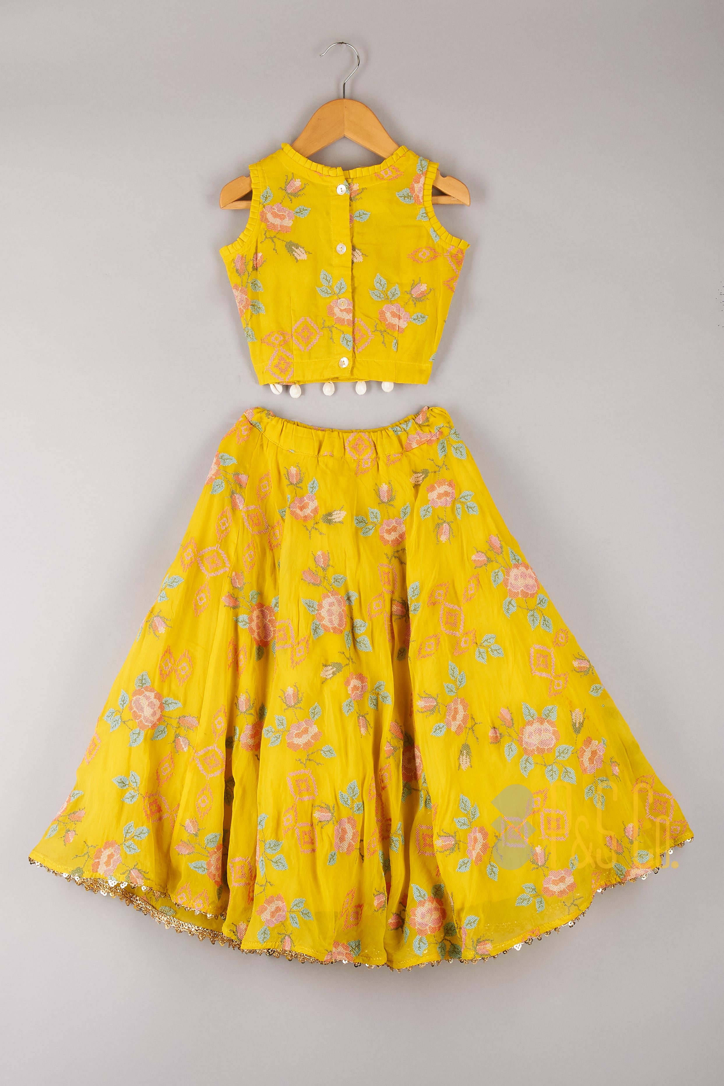 Multi Colour Floral Cross Stitched Embroidery Yellow Top And Lehenga - P&S Company