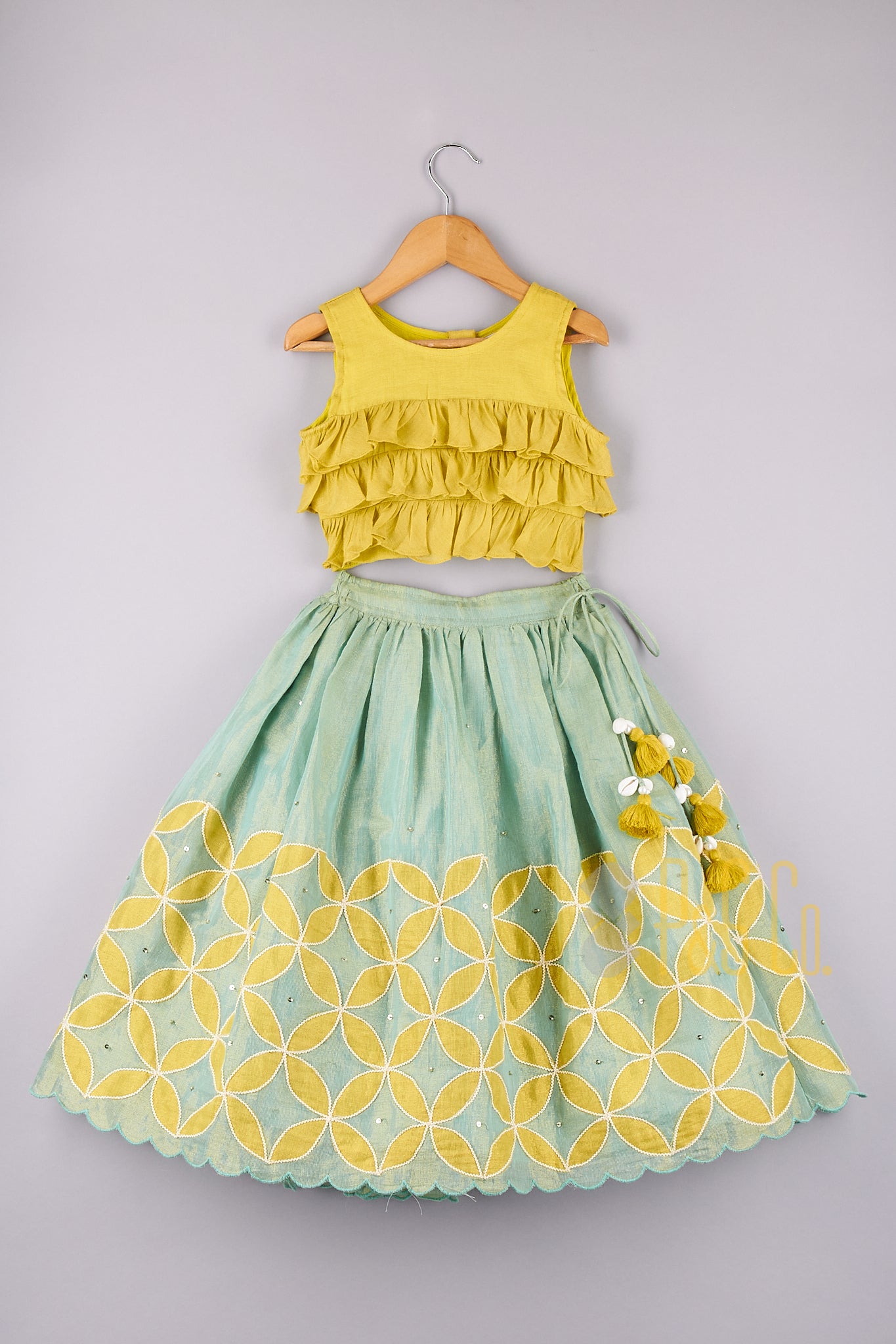 Frilly Layered Top With Floral Work Lehenga - P&S Company