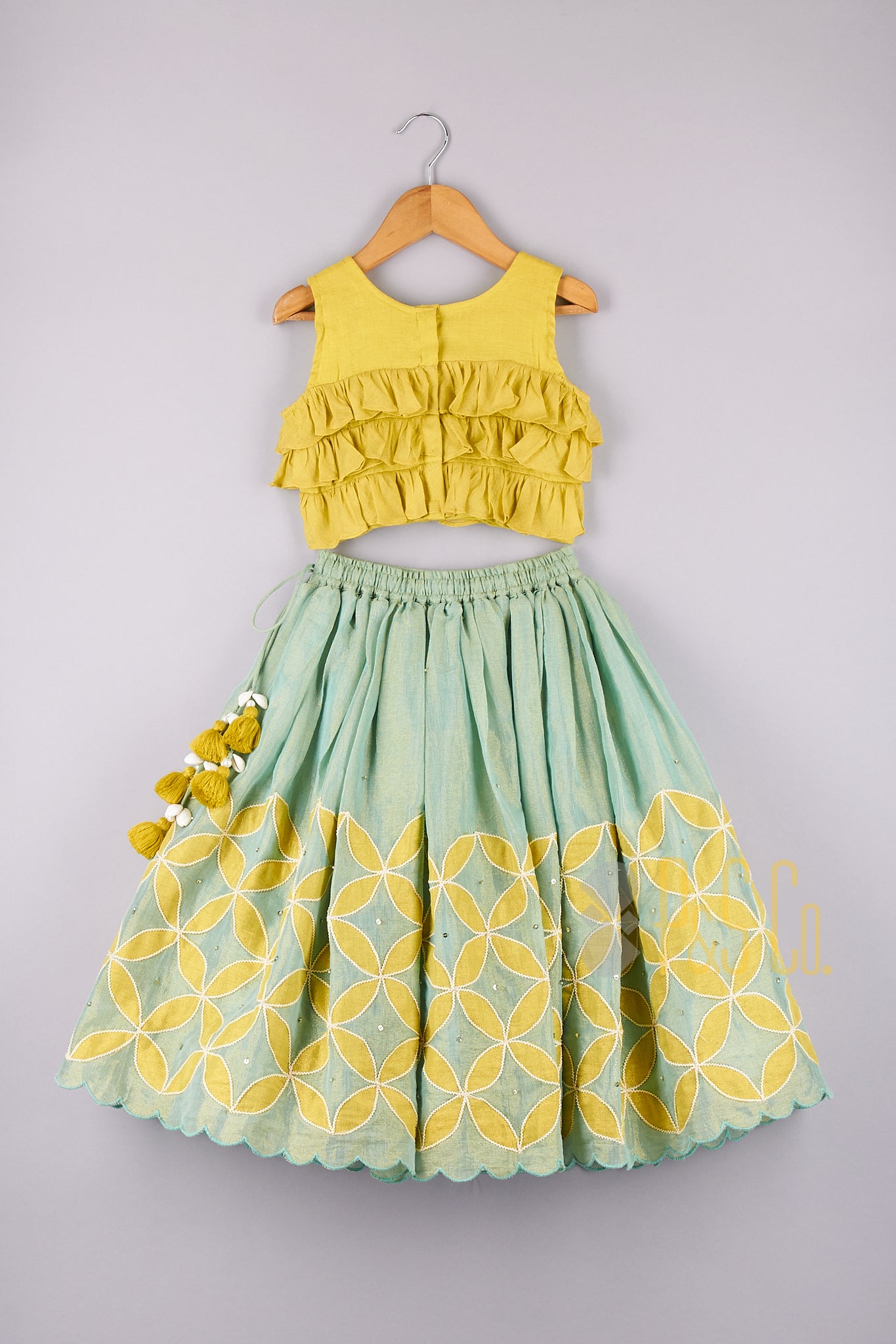 Frilly Layered Top With Floral Work Lehenga - P&S Company