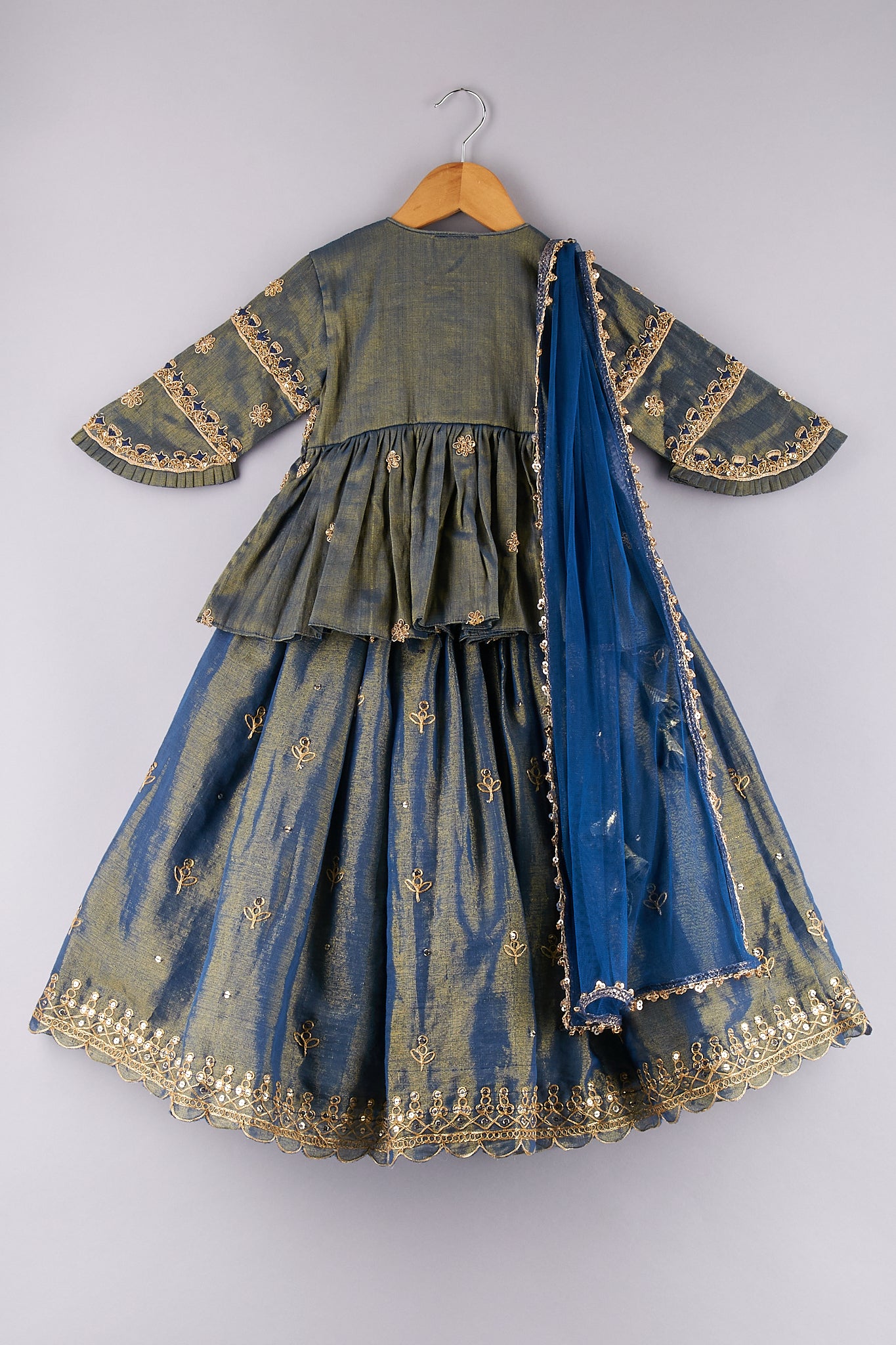 Zari Thread Work Peplum Top And Sequin Embroidered Lehenga With Blue Dupatta - P&S Company