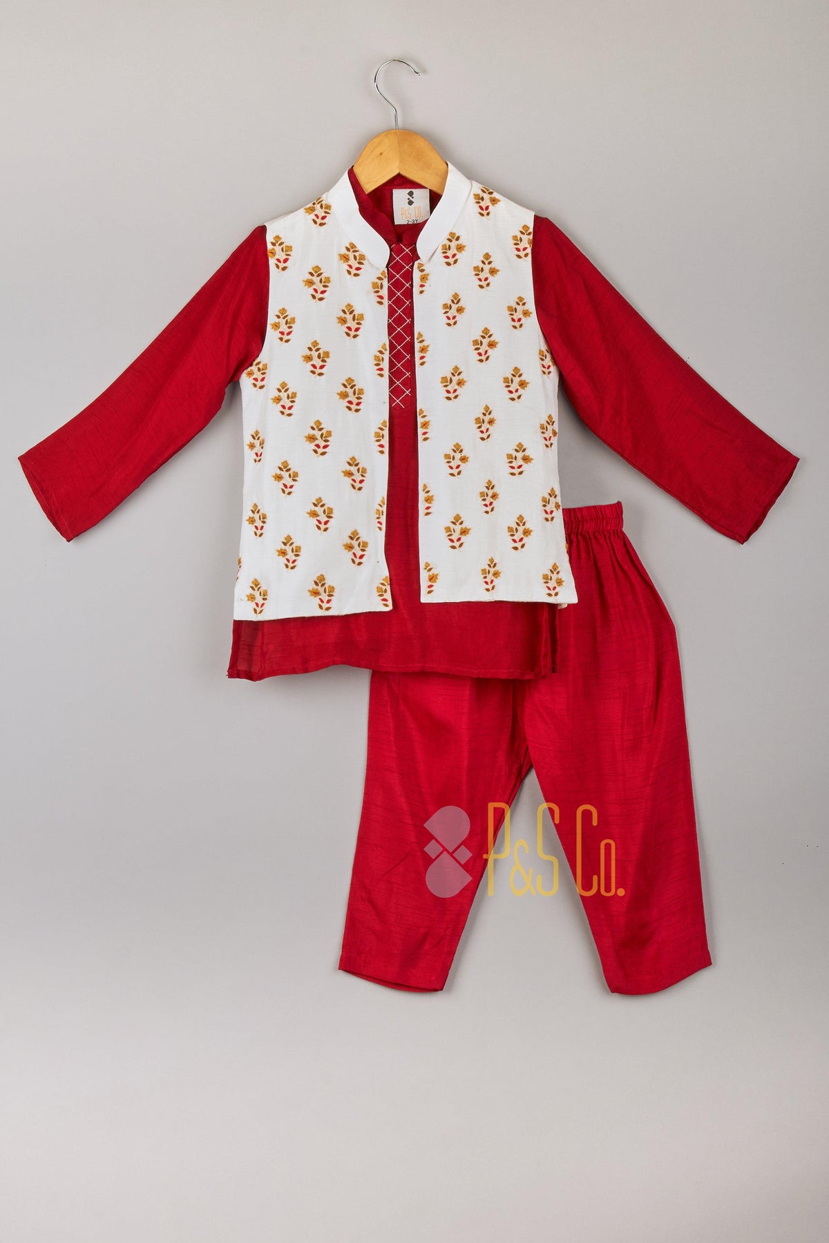 White Embroidered Jacket & Red Kurta Pyjama - P&S Company