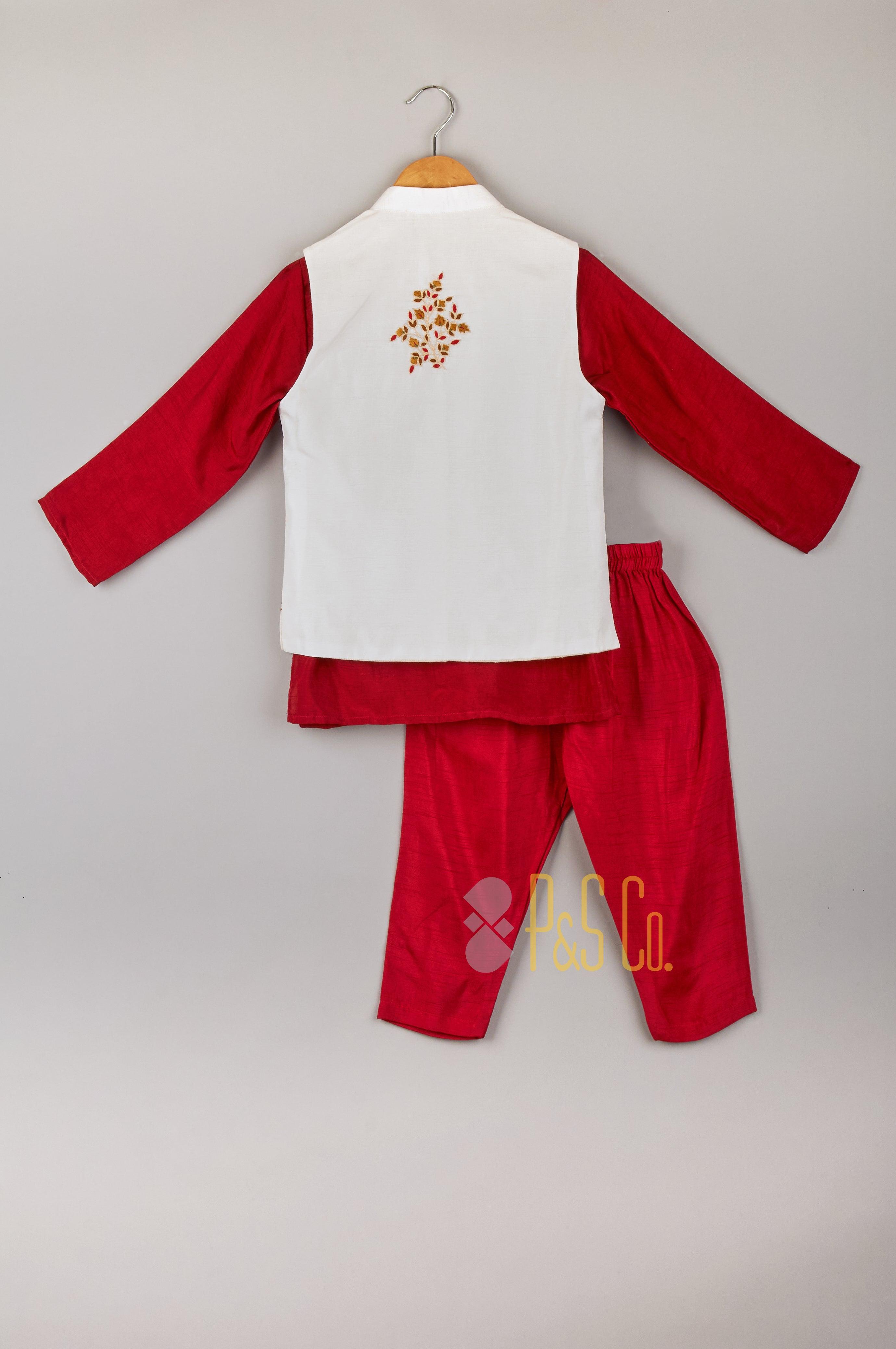 White Embroidered Jacket & Red Kurta Pyjama - P&S Company
